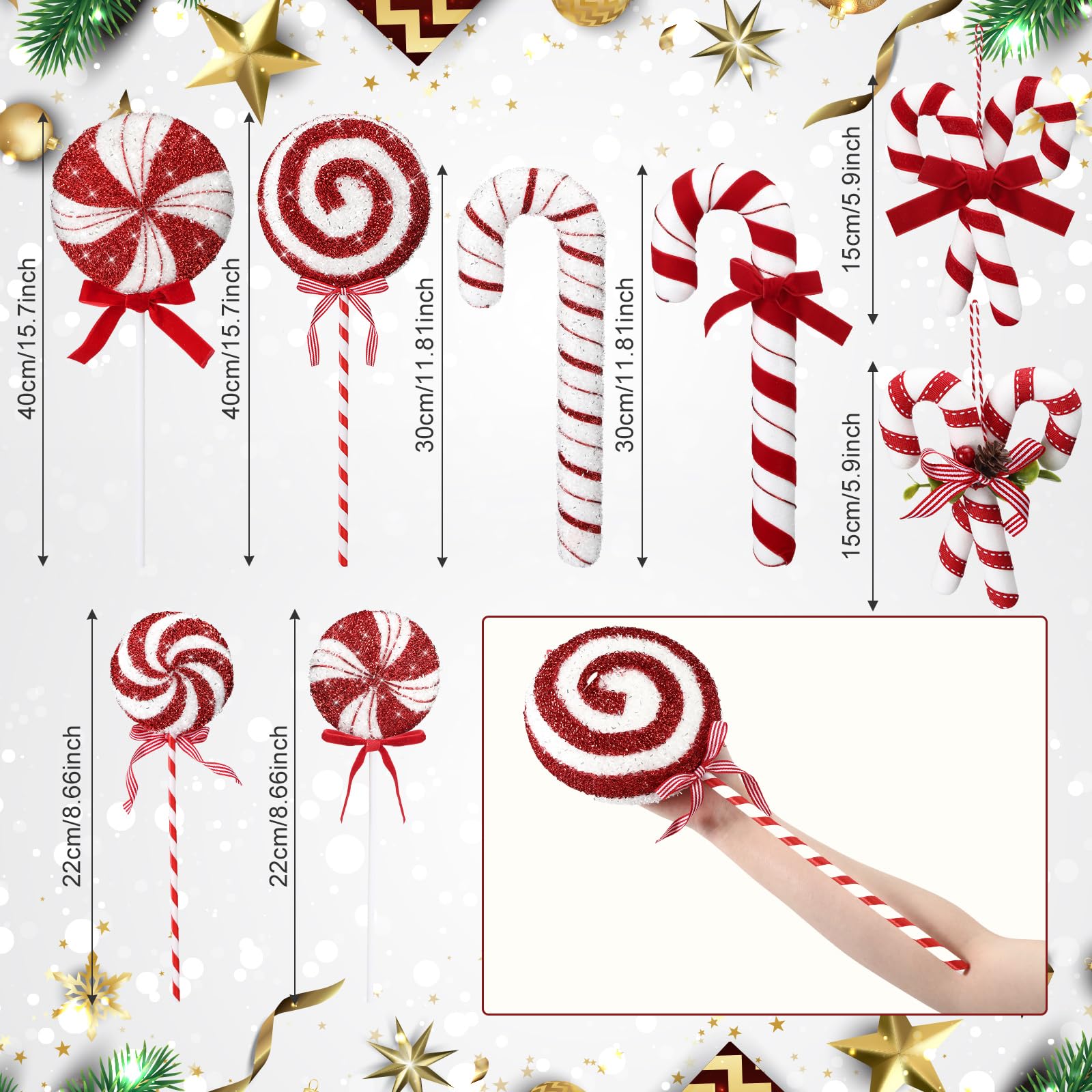 Vercraft 8 Pcs Assorted 16'' Giant Candy Cane Ornaments Red and White Large Lollipop Decoration 4 Mixed Sizes Lollipop Christmas