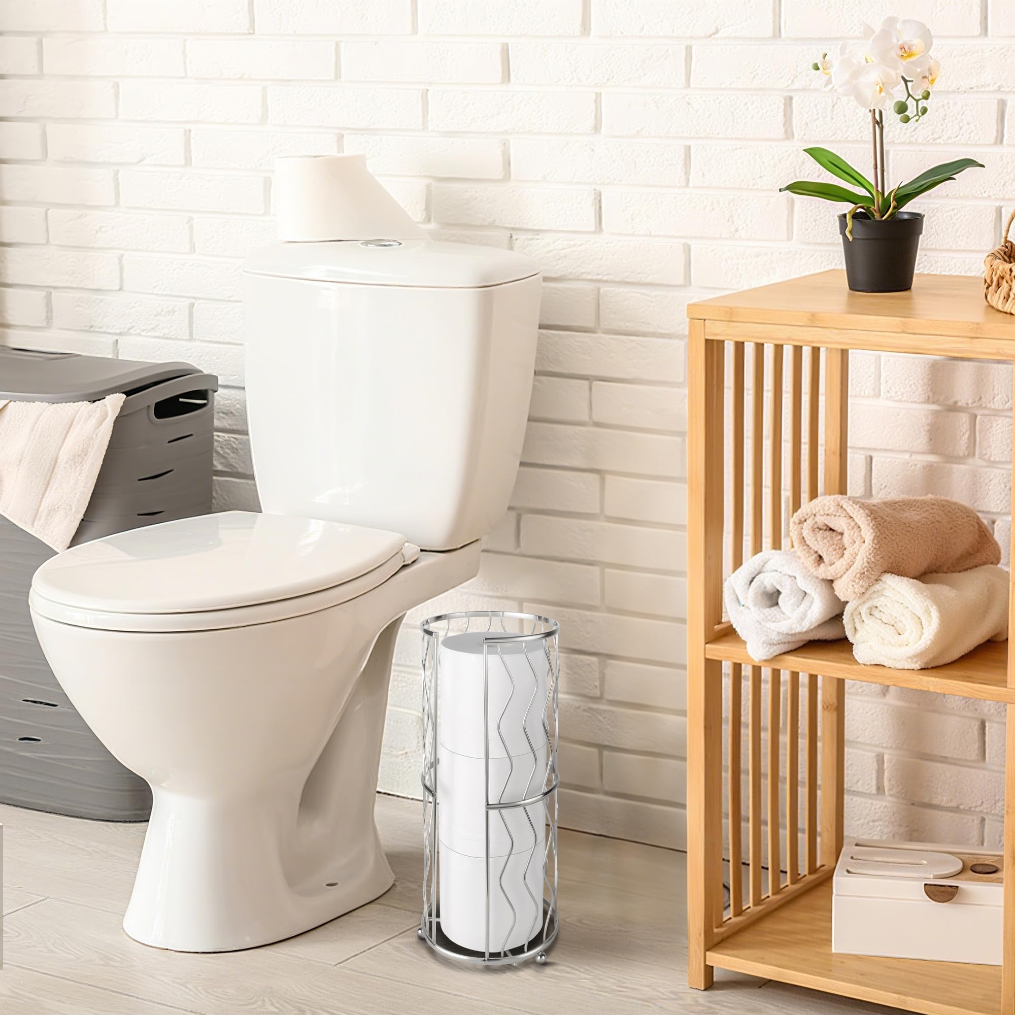 Megier Decorative Metal Standing Toilet Tissue Holder for Bathroom/Powder Room  Compact Tissue Reserve for 3 Jumbo Rolls of Extra Toilet Paper Chrome