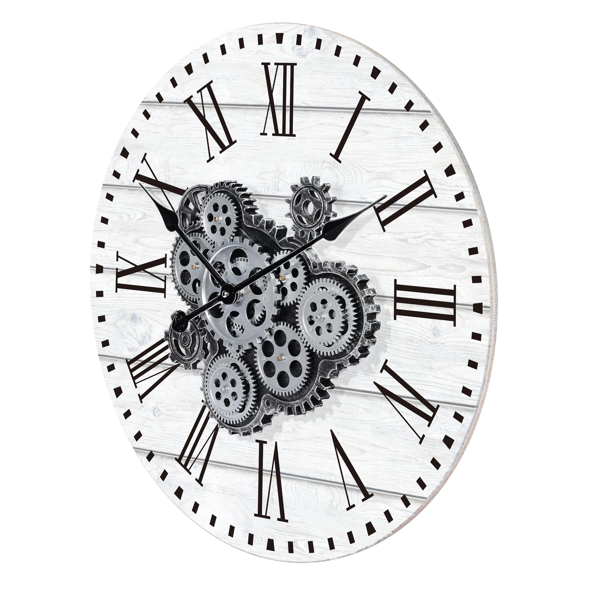 Lafocuse 23 Inch Roman Numeral Moving gears Wall clock Wooden Large Industrial Wall clock  White Oversize Farmhouse Vintage Wall clock for Living Room Decor Office