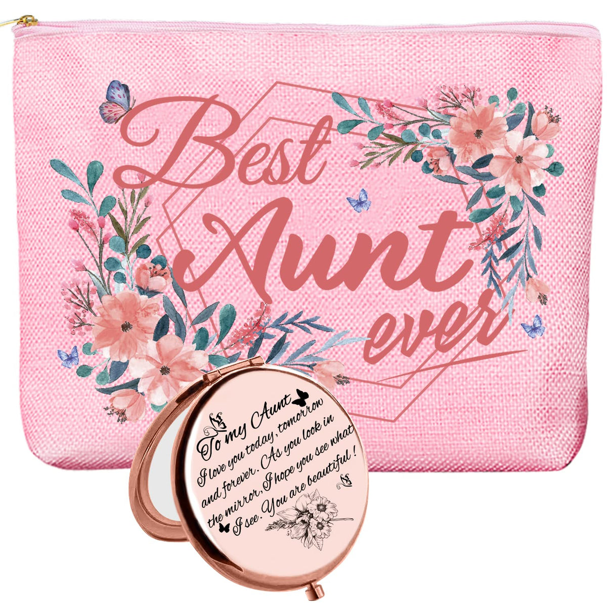 Hnoonz Best Aunt Ever Gifts,Best Aunt Makeup Bag,Aunt Cosmetic Bag,Aunt Compact Mirror,Birthday Gifts For Aunt,Aunt Gifts From N