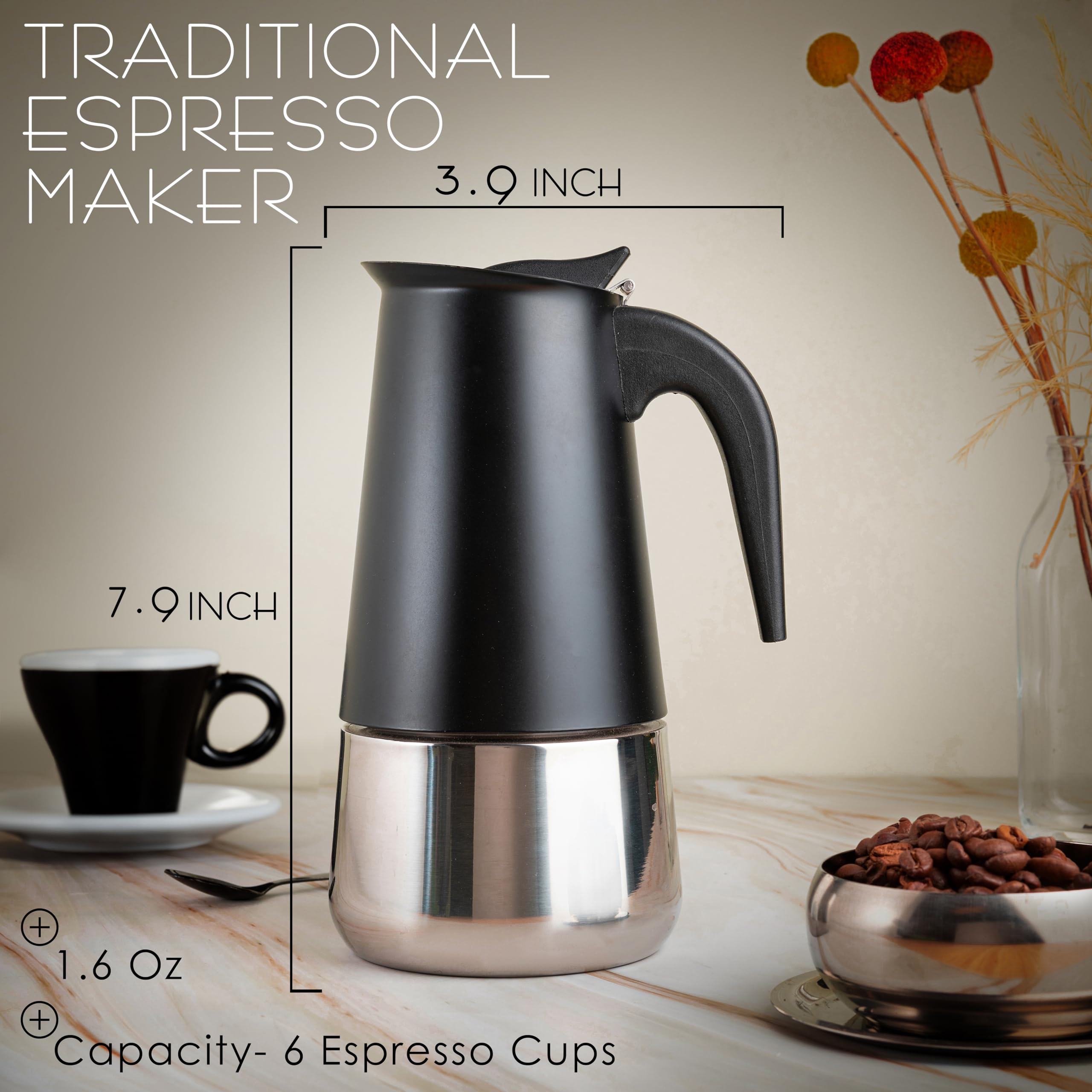 Mixpresso 6 Cup Greca Stovetop Espresso Maker 10Oz, Moka Pot With Coffee Percolator Design, Stainless Steel Stove Top Coffee Mak
