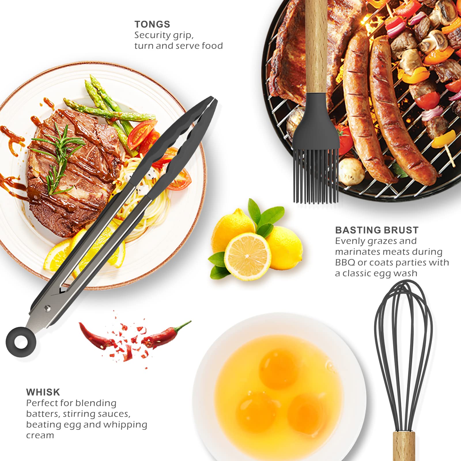 14 Pcs Silicone Cooking Utensils Kitchen Utensil Set - 446F Heat Resistant,Turner Tongs, Spatula, Spoon, Brush, Whisk, Wooden Ha