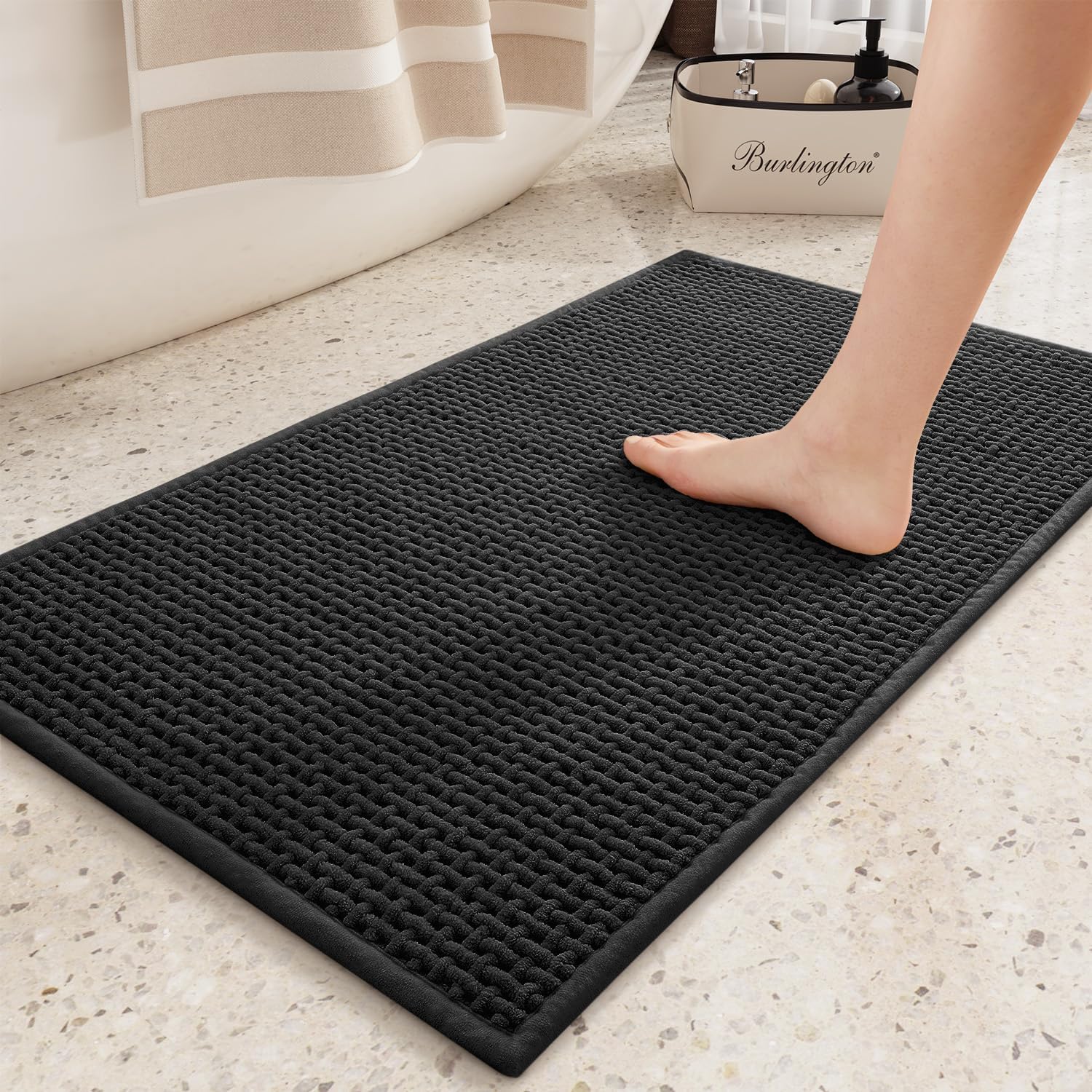 Color&Geometry Chenille Rubber Backed Black Bathroom Rug- Non Slip, Absorbent, Quick Dry, Washable- 16''X24'' Small Bath Mat Thi