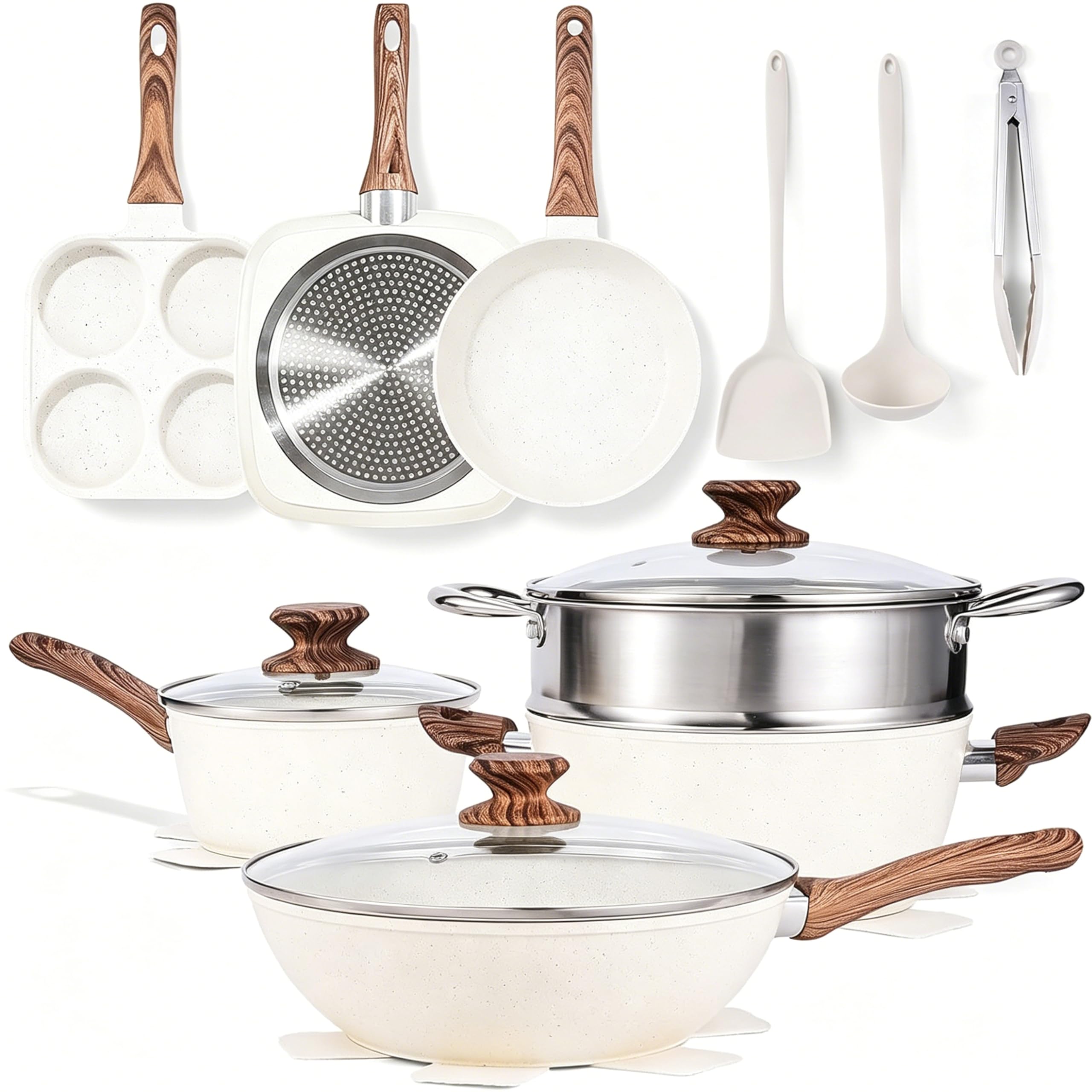 HealSmart 17Pcs Ceramic Cookware Set, NonToxic Nonstick Cooking Pots & Pans with Heat Resistant Grips, Complete Induction Compa