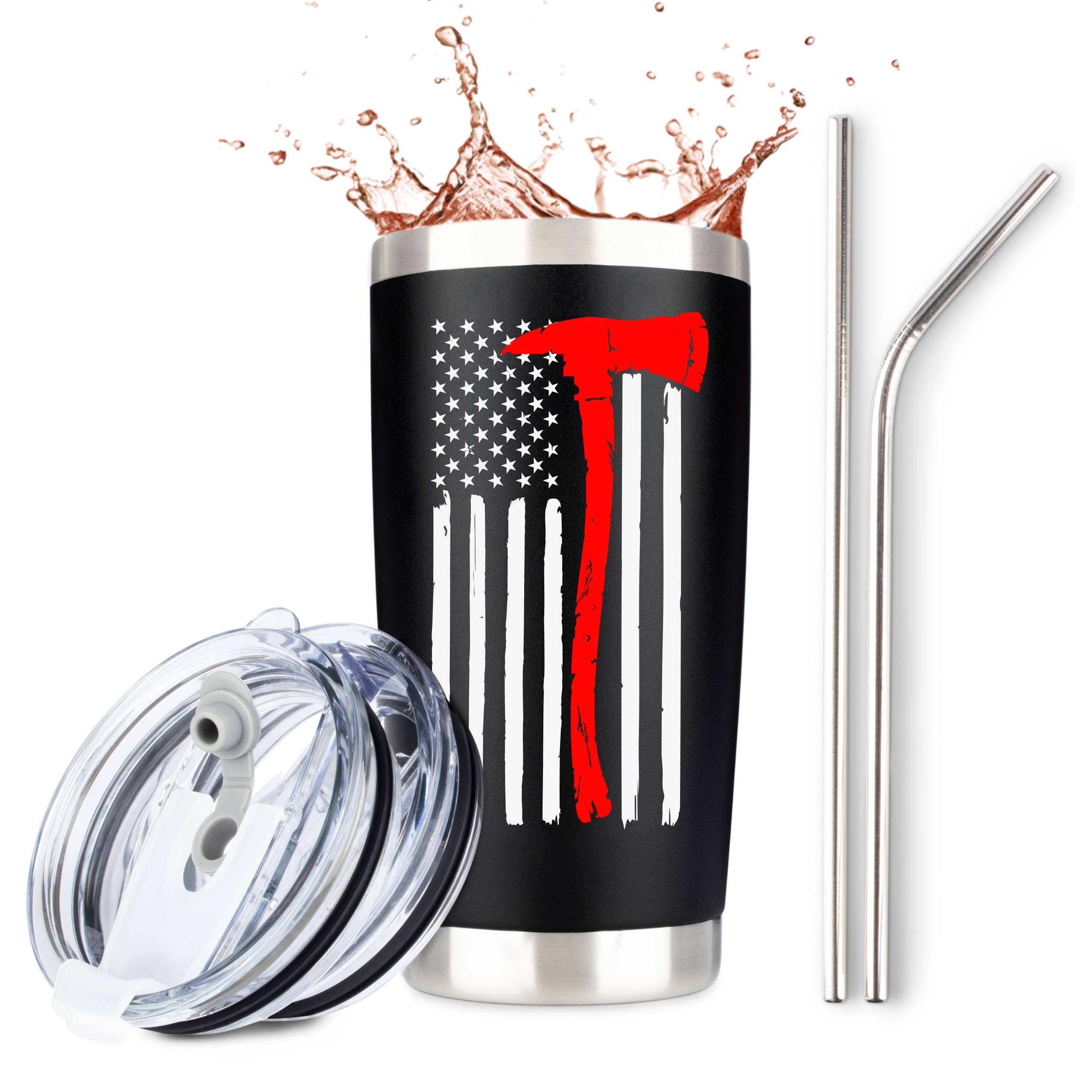 Firefighter Gifts for Men | Stainless Steel Travel Tumbler/Mug with Lid for Coffee Cup| Thin Red Line Flag Design for Fireman | 