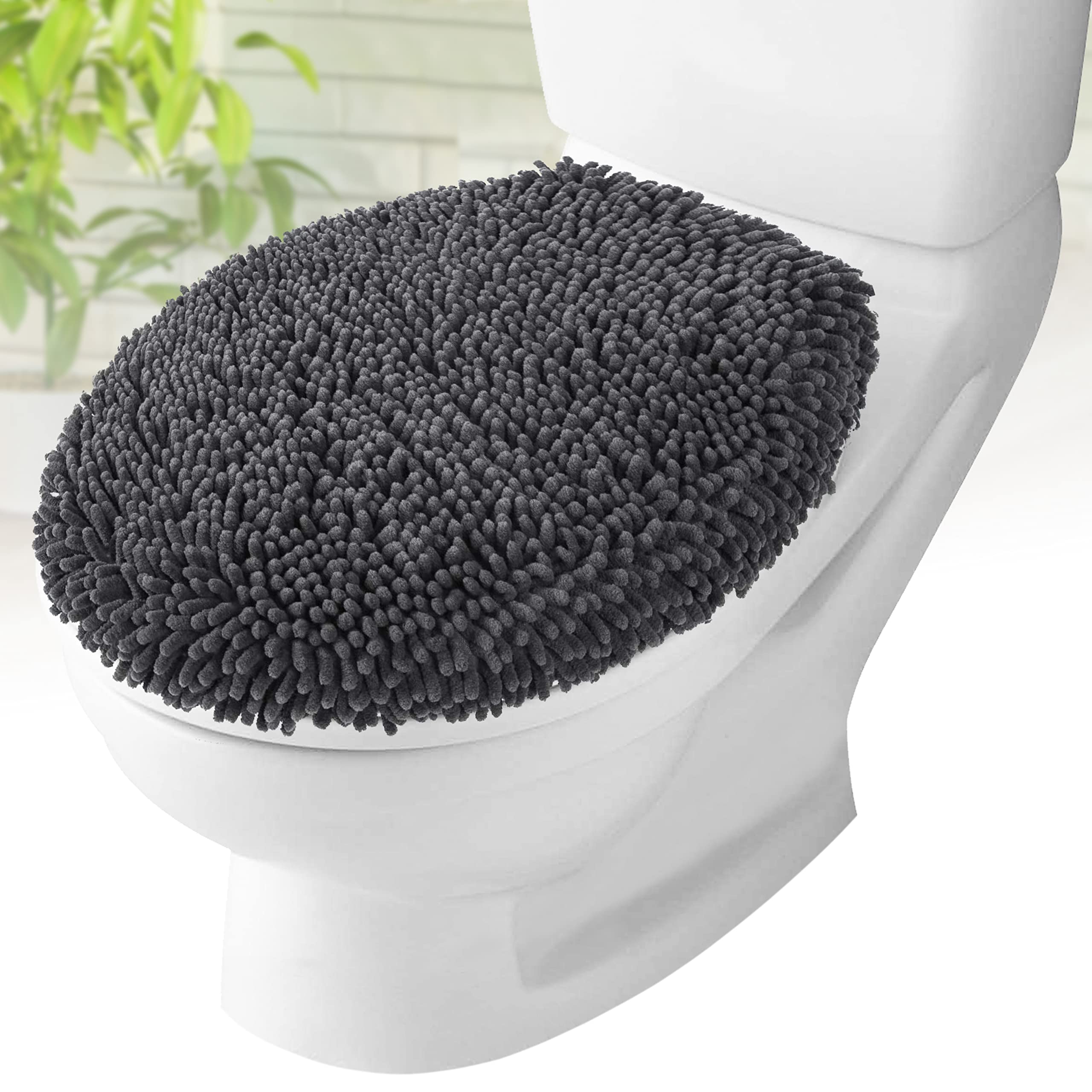 Mayshine Plush Shaggy Standard Toilet Seat Lid Cover (Charcoal Gray) | Fuzzy Chenille Microfiber, Fluffy Soft Absorbent - Machin