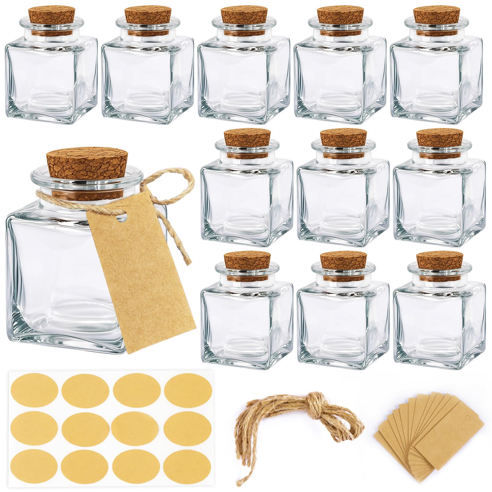 OurWarm 12 Pack Square Small Glass Bottles with Lids, 1.7OZ Mini Glass Jars with Cork Tag Label and Twine, Versatile Small Bottl