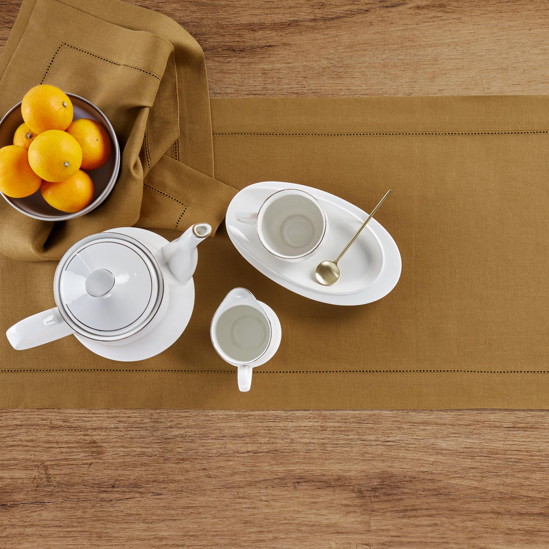Solino Home Linen Brown Sugar Table Runner 48 Inch - 100% Pure Linen Classic Hemstitch Short Table Runner 14 X 48 Inch Ideal For