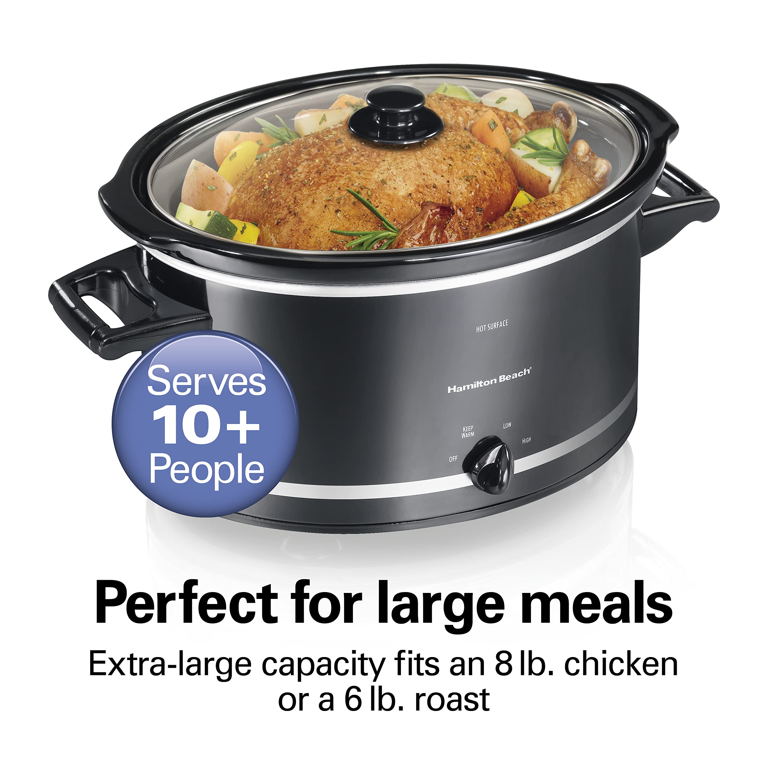 Hamilton Beach Slow Cooker With 3 Cooking Settings, Dishwasher-Safe Stoneware Crock & Glass, 8-Quart Built-In Lid Rest, Black