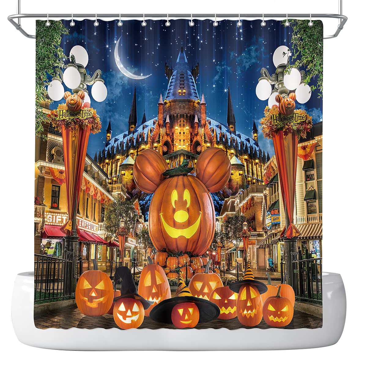 Dephoto Halloween Shower Curtain For Bathroom Kids Cartoon Pumpkin Wizard Hat Moon Castle Star Street Lamp Poliester Fabric Deco