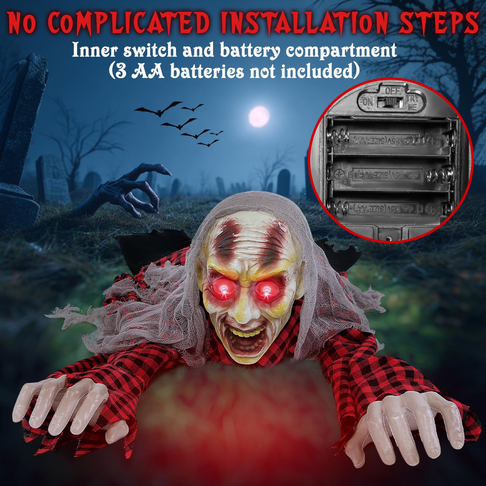 Boveco Zombie Halloween Animatronics Decoration with Light-Up Eyes Creepy Sound & Activated Sensor Outdoor and Indoor Scary Anim