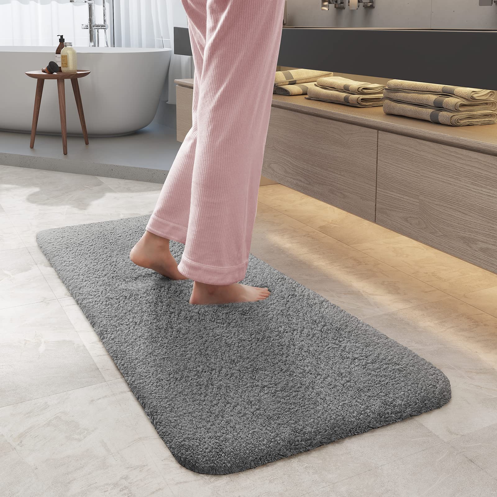 Color&Geometry Light Grey Bath Mat Runner, 24''X43'', Non Slip, Plush, Absorbent, Washable, High Pile Bathroom Rug