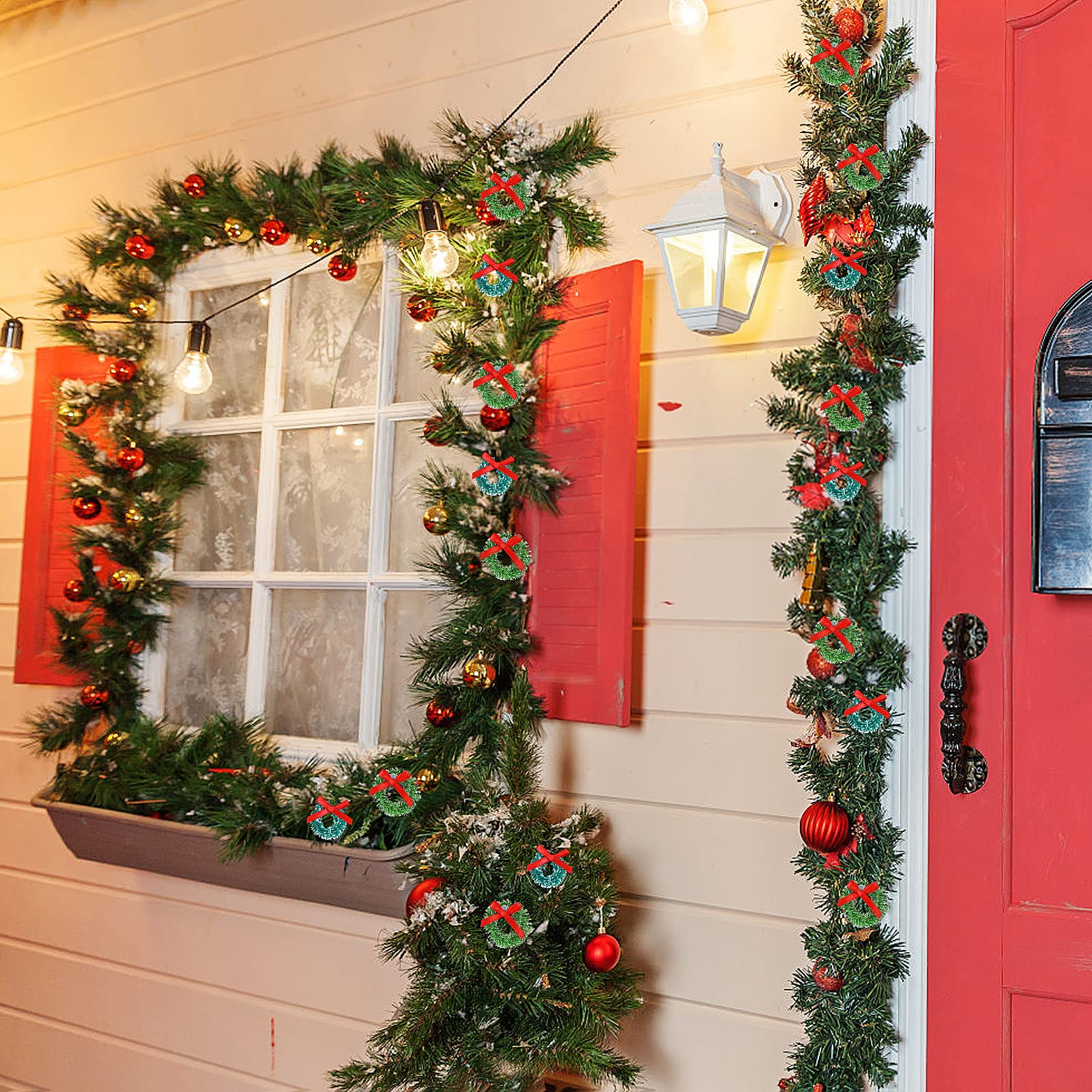 24 Pcs Mini Christmas Wreaths 1 Inch Xmas Tree Wreaths, Hanging Christmas Tree Wreath Ornaments for Christmas and Winter Holiday