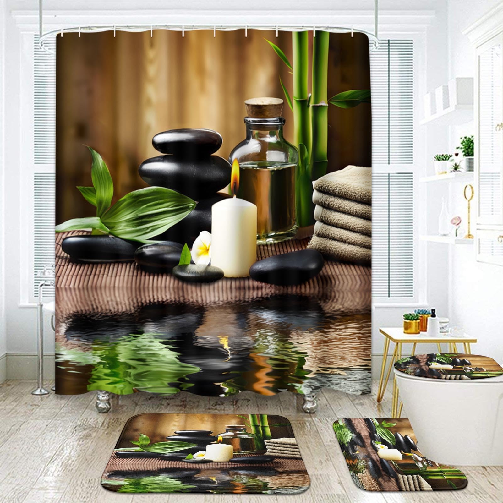 ArtSocket 4 Pcs Shower Curtain Set Stones spa Oil Wood Massage Relax Candle ayurvedic Water Bamboo Green with Non-Slip Rugs Toilet Lid Cover and Bath Mat Bathroom Decor Set 72 '' x 72 ''