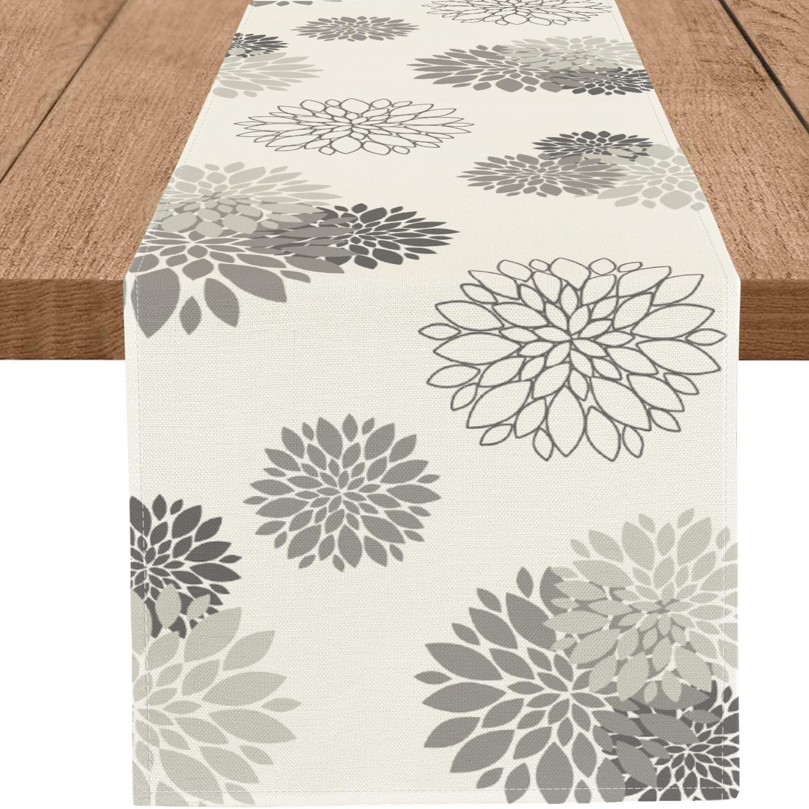 WHOMEAF Gray Dahlia Table Runner Modern Elegant Flower Beige Table Runners Geometric Pompon Farmhouse Coffee Table Center Decor 