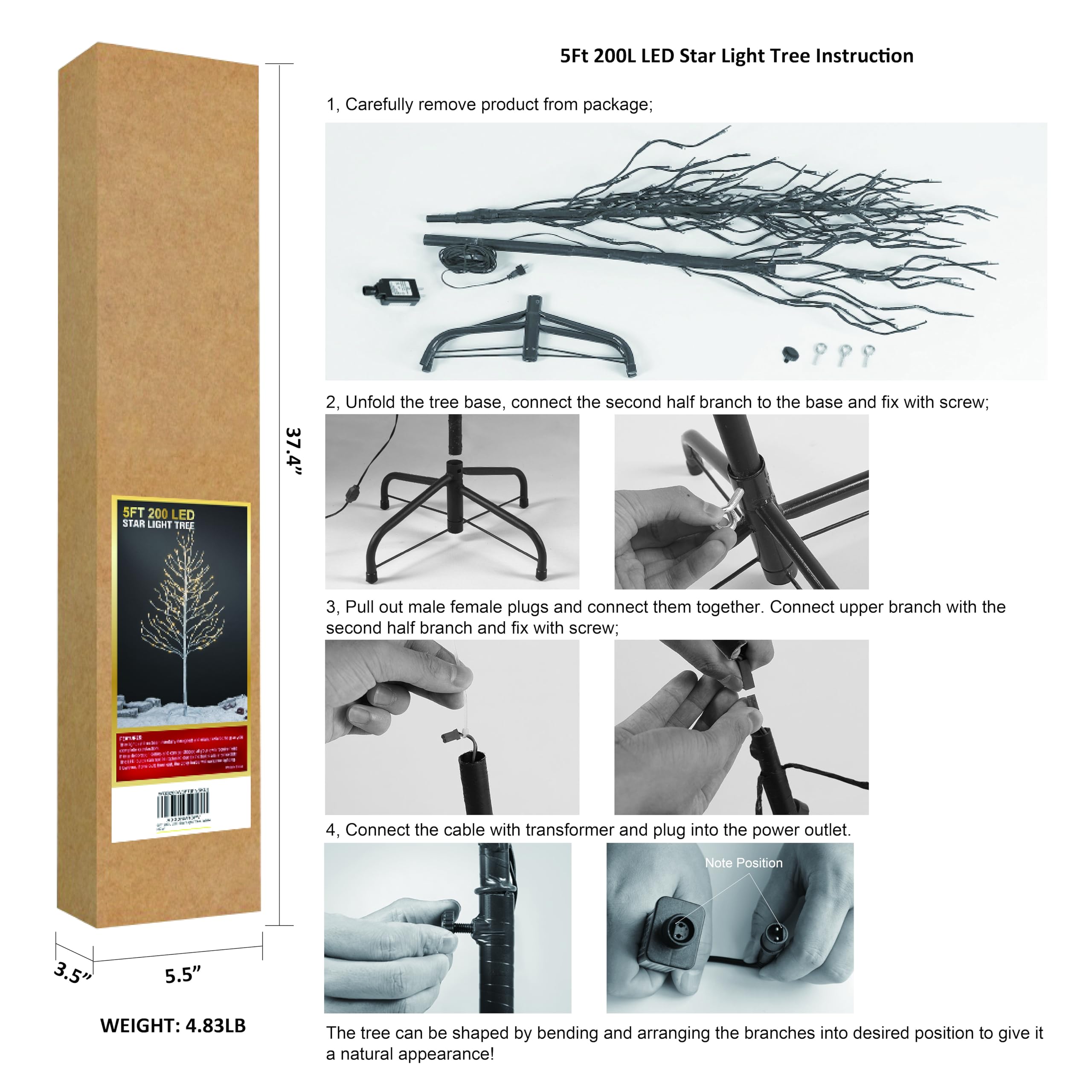 LIGHTSHARE 5FT 200L Lighted Star Light,Warm White Lighted Tree Decoration Light,Home/Festival/Party/Christmas,Indoor and Outdoor