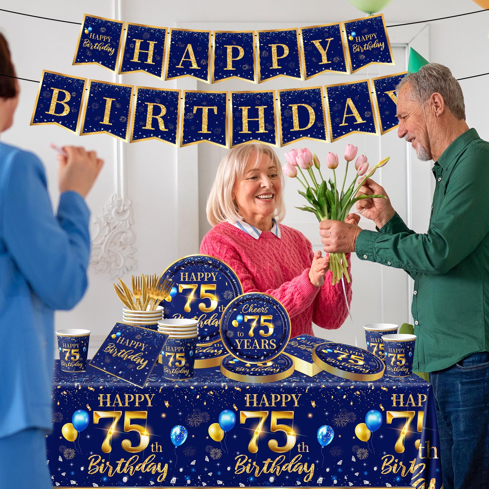 75Th Birthday Decoration Men-142Pcs Navy Blue And Gold Birthday Tableware Set(Serve For 20) Include Happy 75Th Birthday Banner P