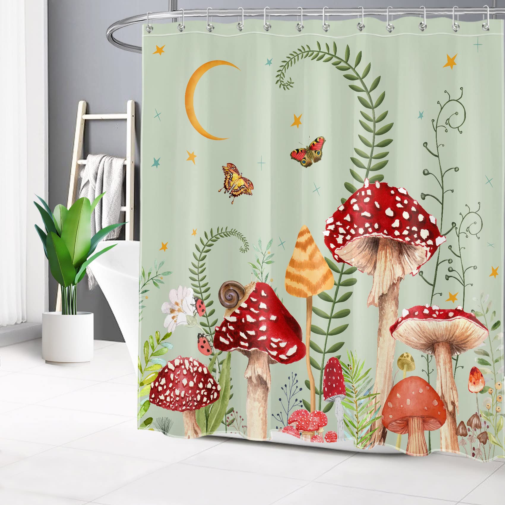 Eobtain Boho Mushroom Shower Curtain Rustic Floral Plant With Green Leaf And Moon Stars On Sage Green Fabric Shower Curtain With