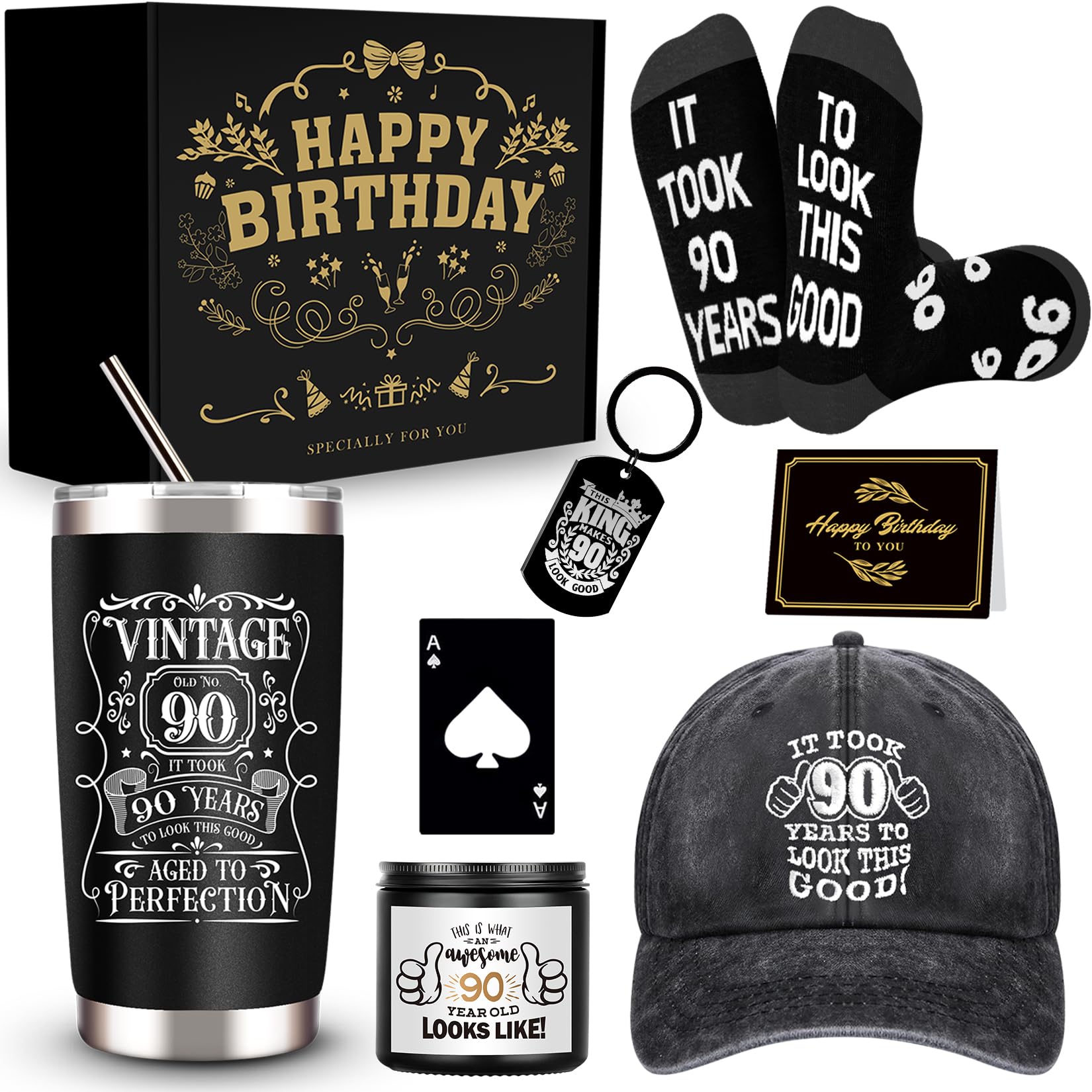 JTAMOHI 90th Birthday Gifts for Men - Unique Box with 20 Oz Tumbler, Scented Candle, Socks, Baseball Cap for Husband, Dad, Grand