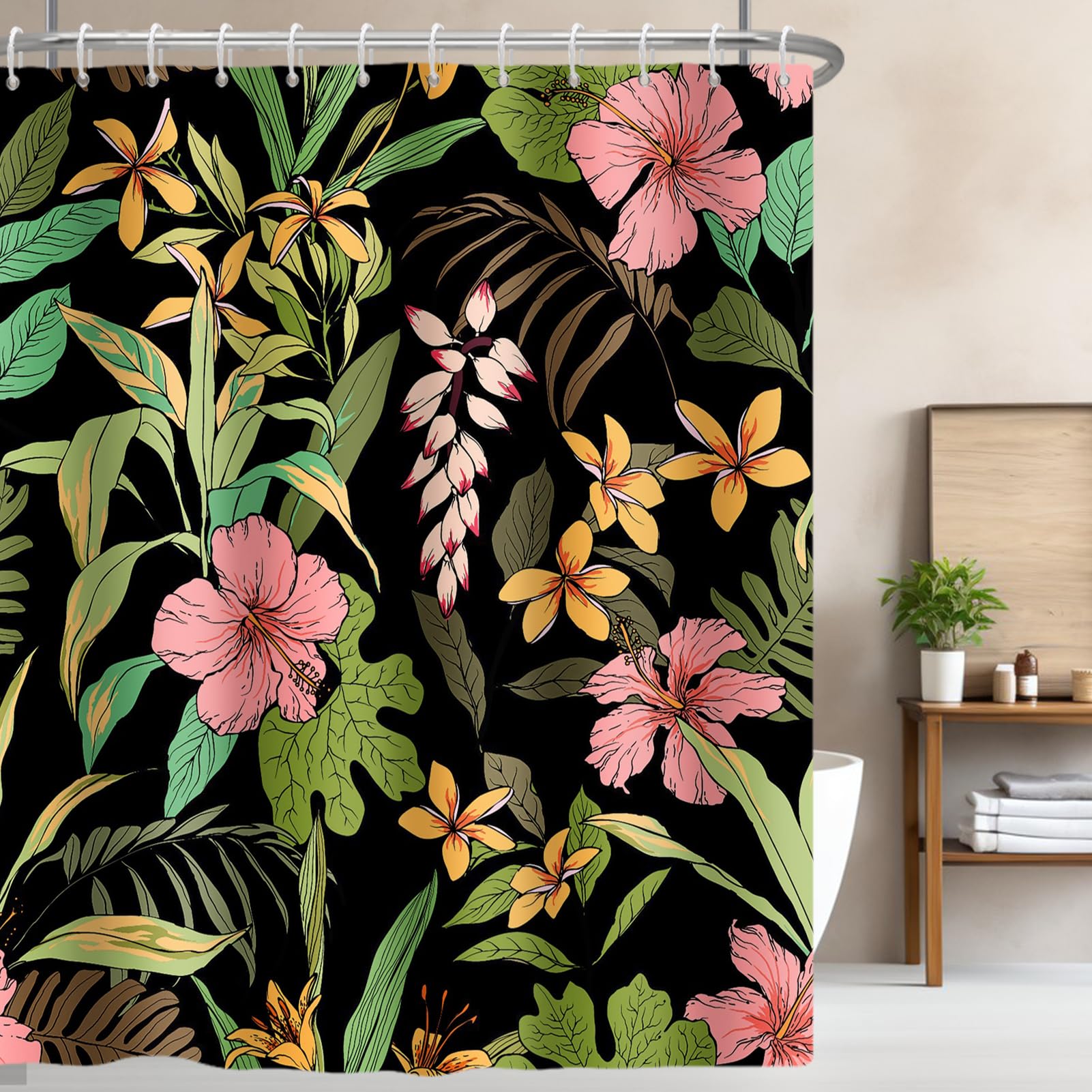 Riepoiia Black Floral Print Shower Curtain For Bathroom, Waterproof Boho Fabric Bathroom Curtain Washable Tropical Plants Shower