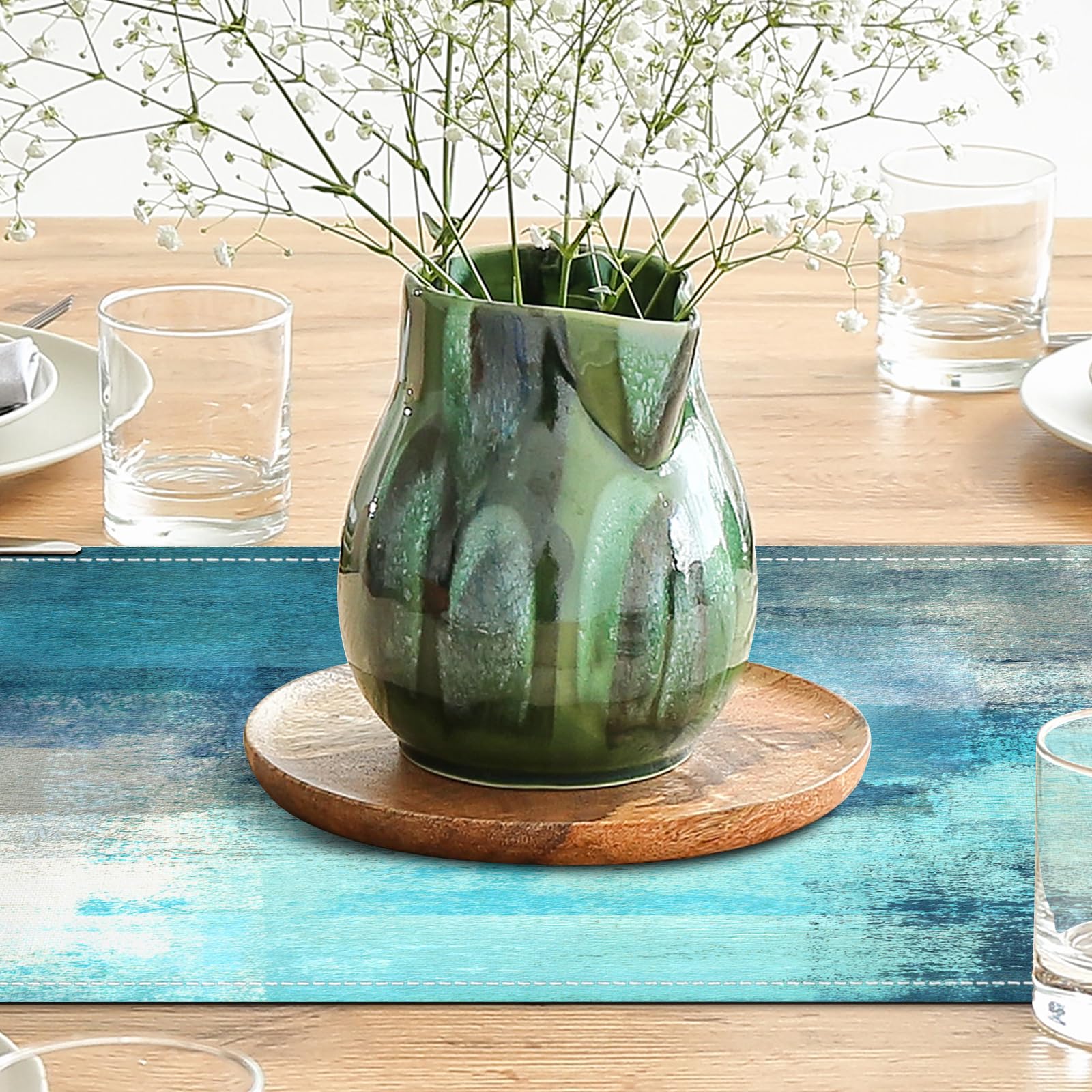 Teal Grey Table Runners Modern Art Farmhouse Linen Turquoise Table Runners Dresser Scarves Retro Rustic Style for Party Kitchen