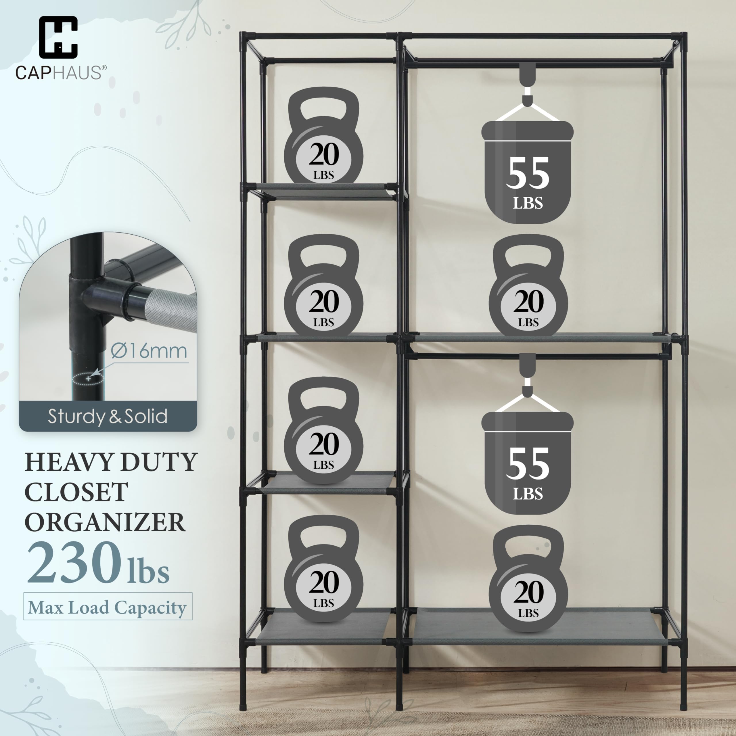 Caphaus 44-Inch Clothing Rack With Cover, Portable Closet Wardrobe, Covered Garment Rack For Hanging Clothes, 230Lb Capacity Hea