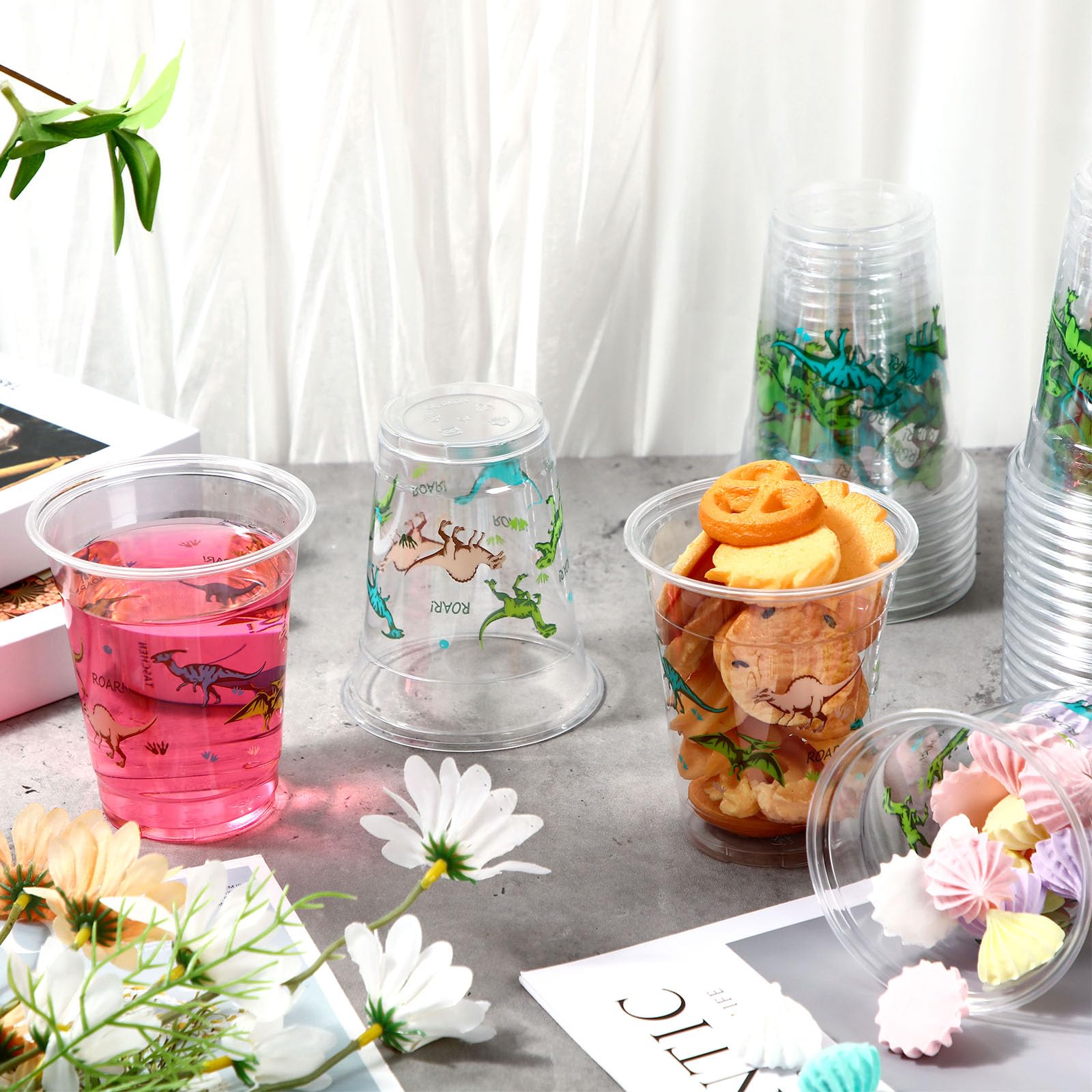 Yaomiao 50 Pieces Dinosaur Plastic Cups 12 Oz Bulk Dinosaurs Clear Disposable Cups Dino Party Drinking Beverage Cups For Dinosau
