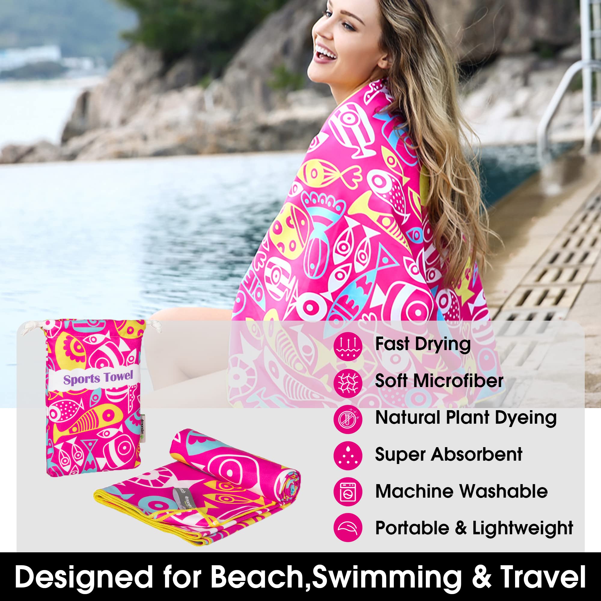 4Monster Microfiber Beach Towel Quick Dry,Super Absorbent Lightweight Travel Towel For Swimmers, Sand Free Camping Towel, Beach