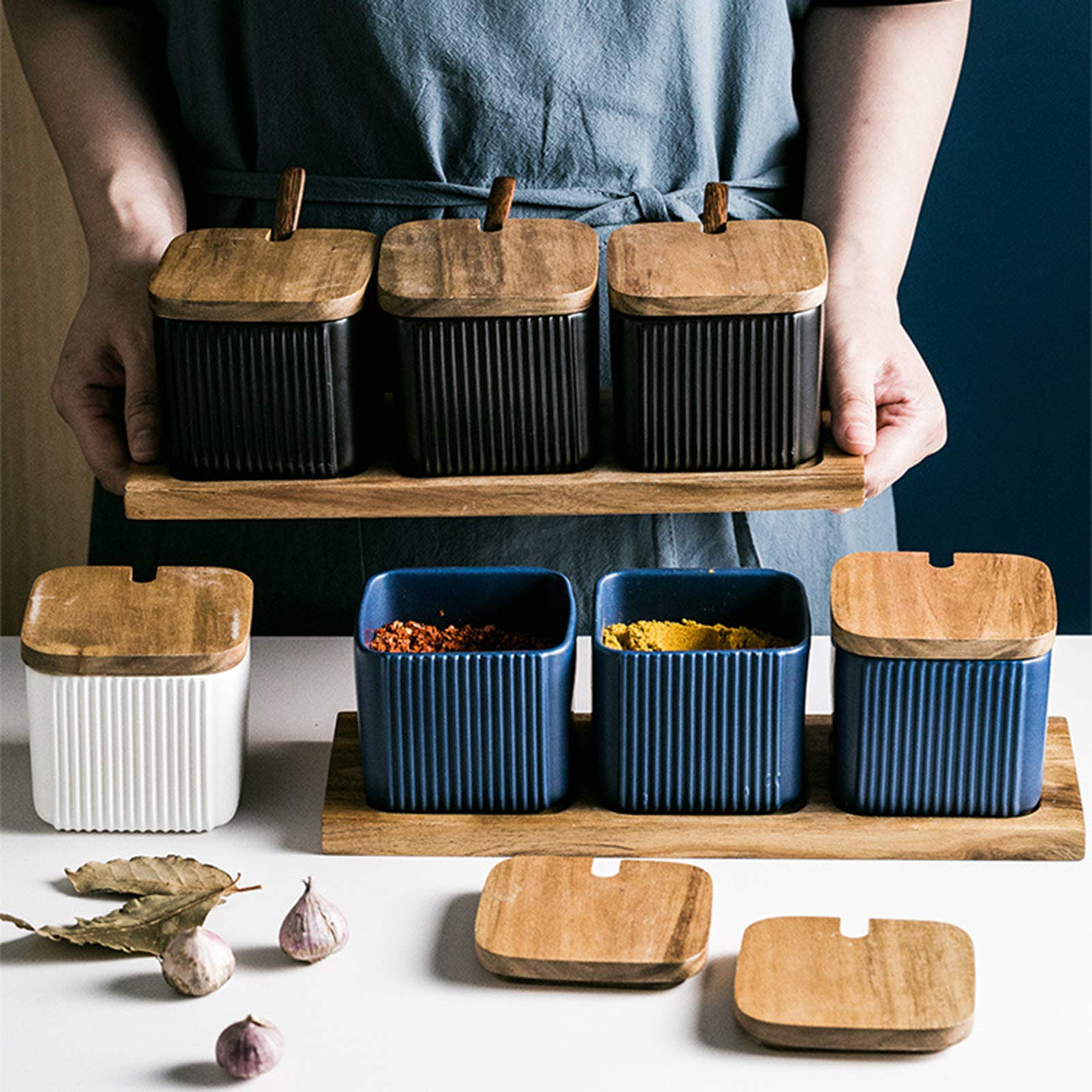 Bihoib Black Porcelain Sugar Bowl Condiment Pot Salt Container With Wooden Lid, Spoon And Tray, Modern Spice Box Seasoning Jar,