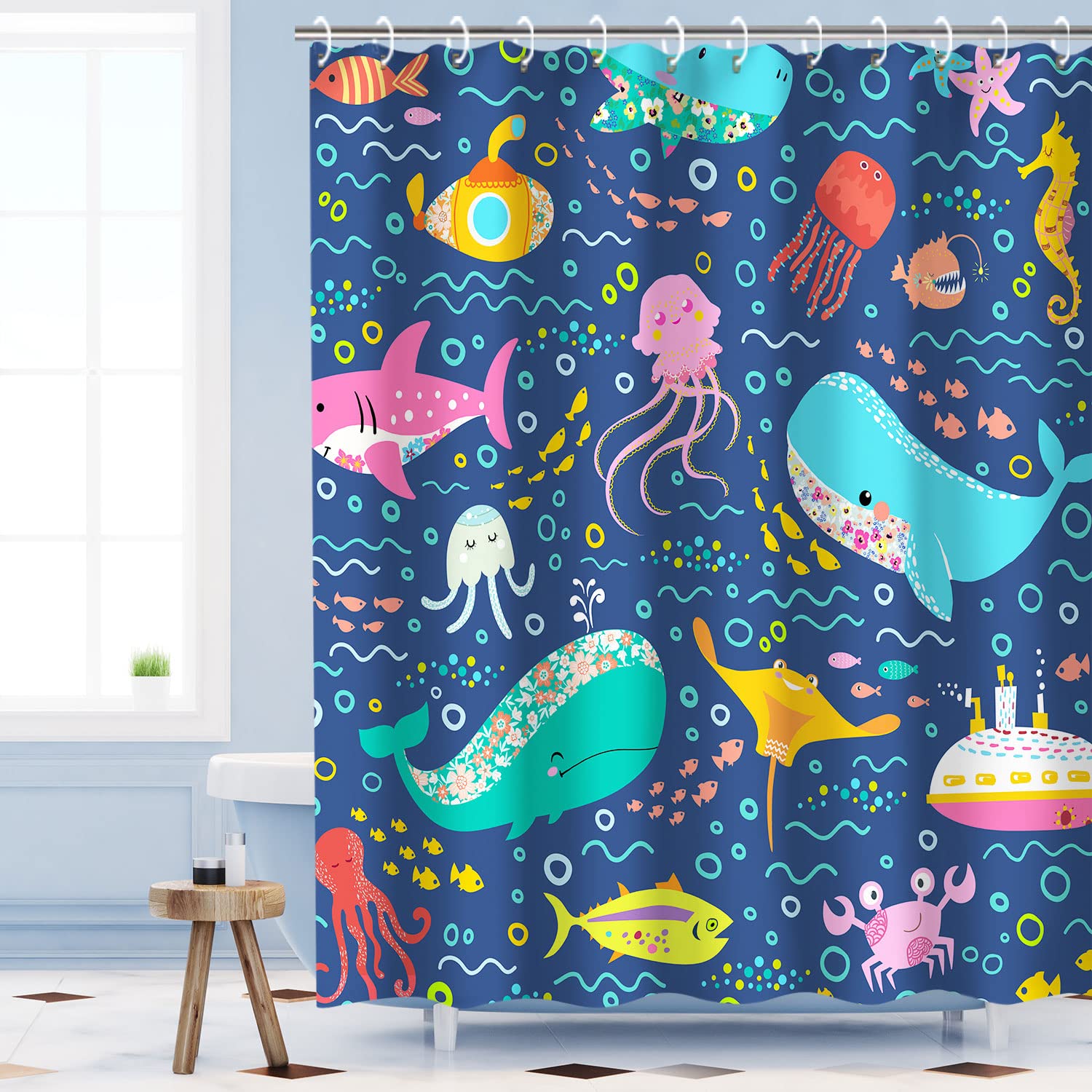 Rosielily Fish Shower Curtain, Kids Shower Curtains Set With 12 Hooks, Whale Shower Curtain, Sea Animal Bathroom Decor Curtain F