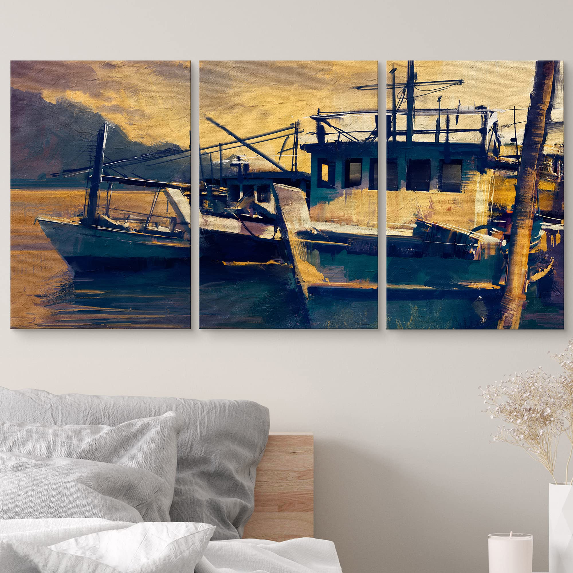 Wall26 Canvas Print Wall Art Set Boat In The Harbor At Sunset Nature Ocean Illustrations Realism Rustic Landscape Colorful Multi