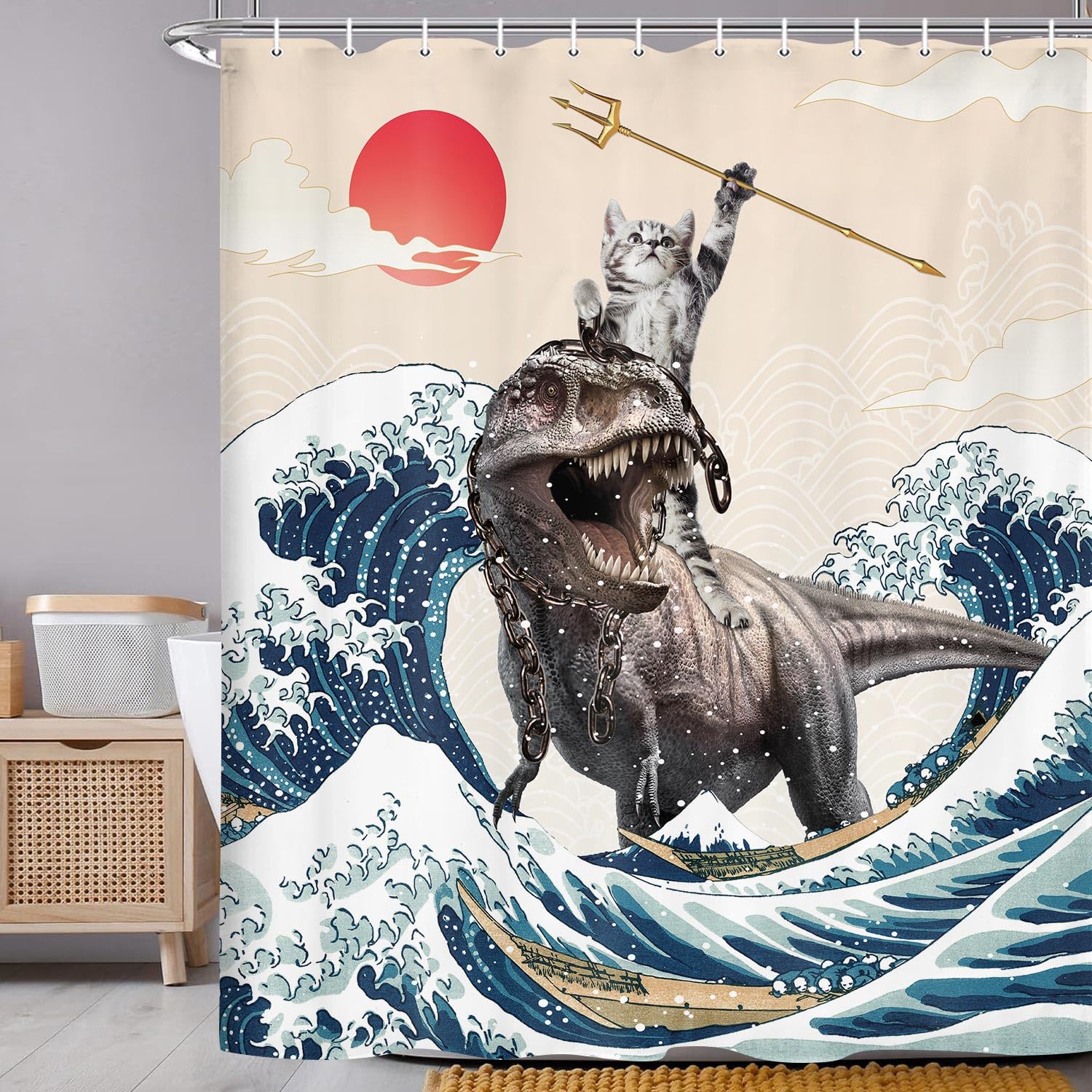 Uokiuki Funny Cat Shower Curtain, Cute Cat Riding Dinosaur Japanese Ocean Waves Shower Curtain With Hooks, Nautical Coastal Fabr