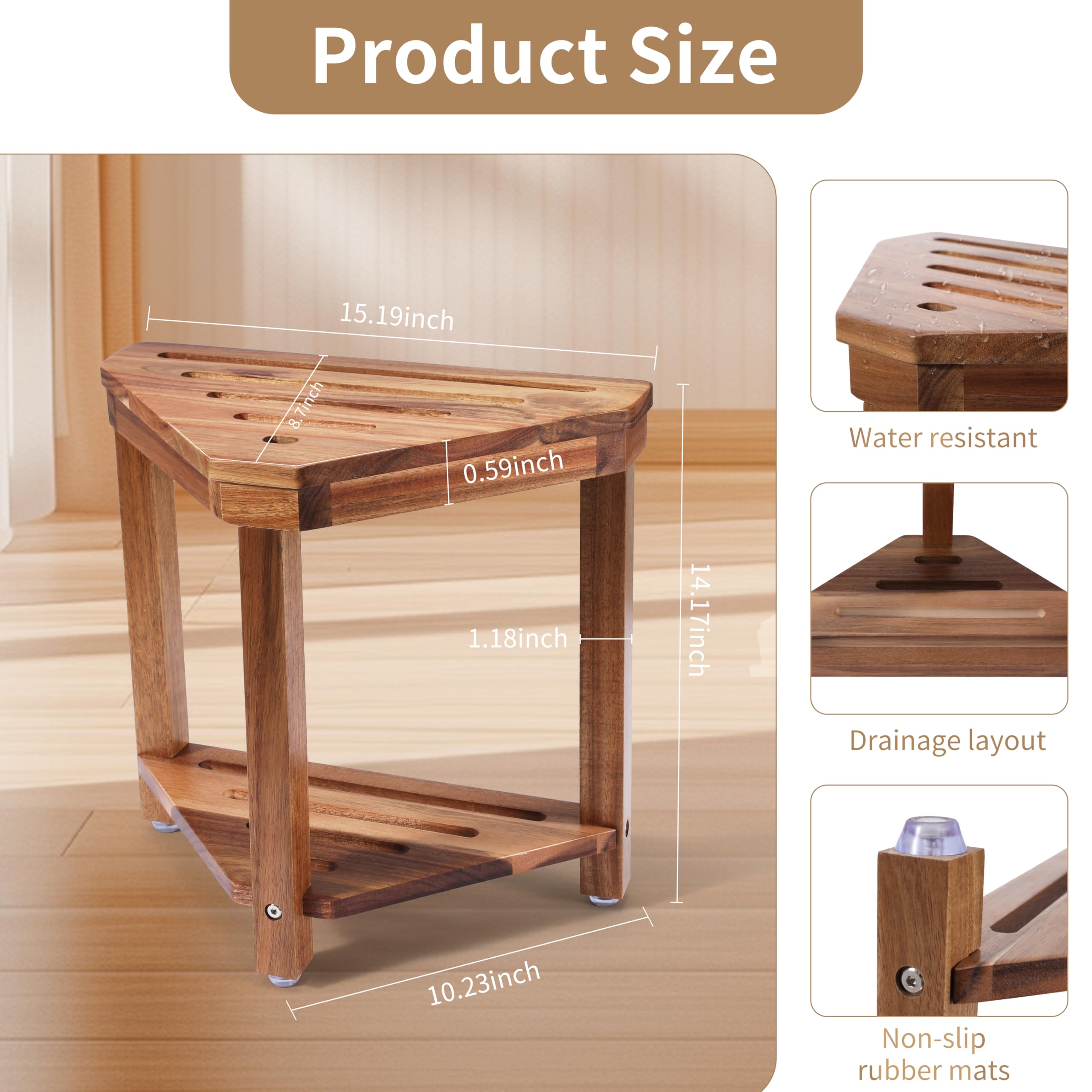 Boulphia Shower Foot Rest 14In, Acacia Wood Shower Stool For Shaving Legs, Waterproof Corner Shower Stool With Storage Shelf For