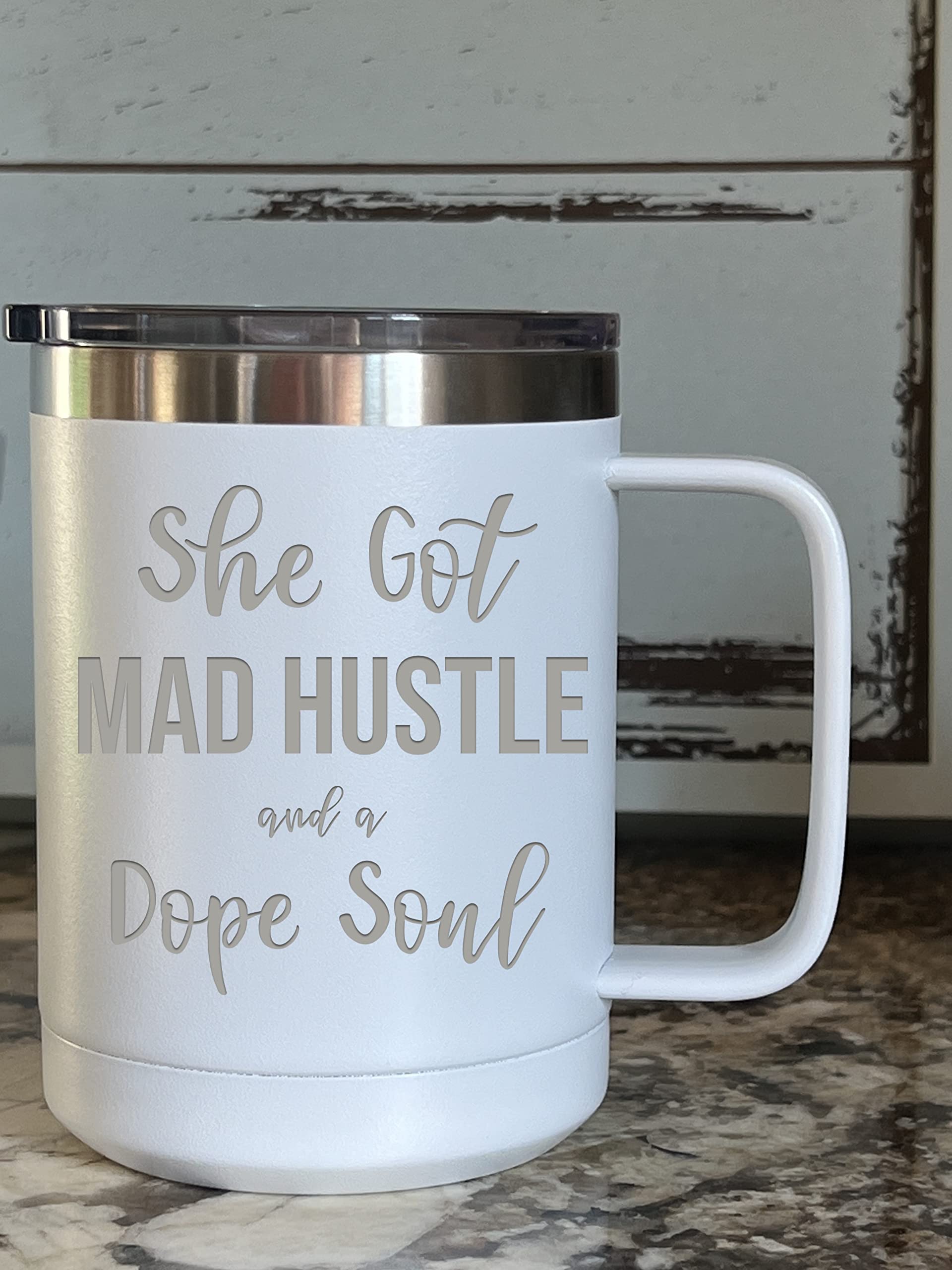 Griffco Supply She's Got Mad Hustle and a Dope Soul - 15 ounce stainless steel insulated mug with lid for Mother Hustler, Mom Mu