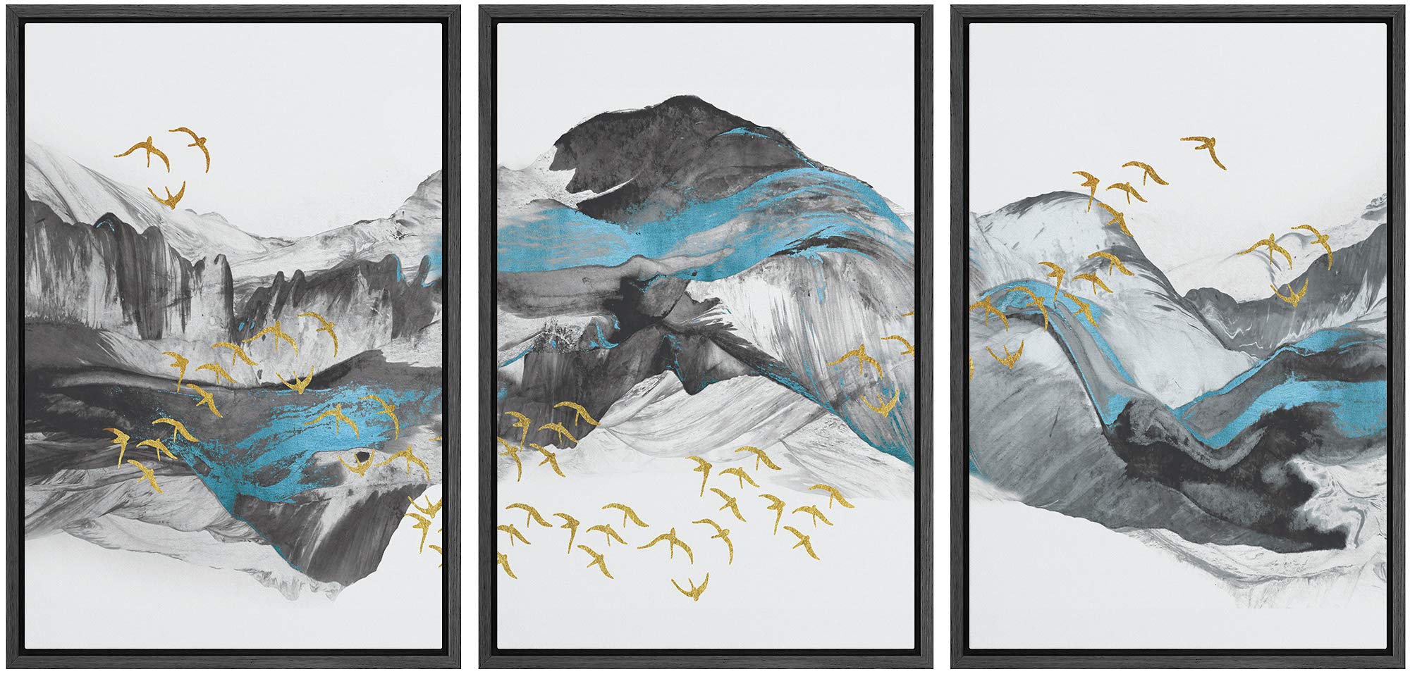 Nwt Framed Wall Art Print Set Blue & Black Mountains With Gold Birds Nature Wilderness Illustrations Modern Art Rustic Colorful