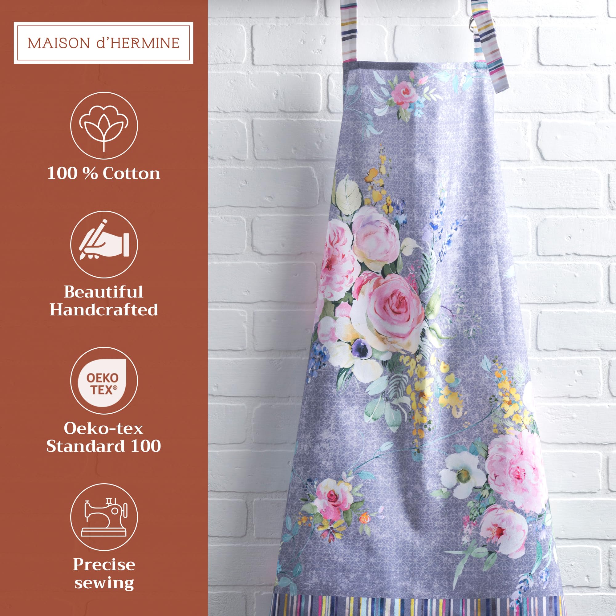 Maison d' Hermine Apron 100% Cotton 1 Piece Adjustable Neck Strap Apron with Center Pocket for Gifts  Women  Men  Sweet Rose Lavender - Lush - Spring/Summer (27.50''x31.50'')