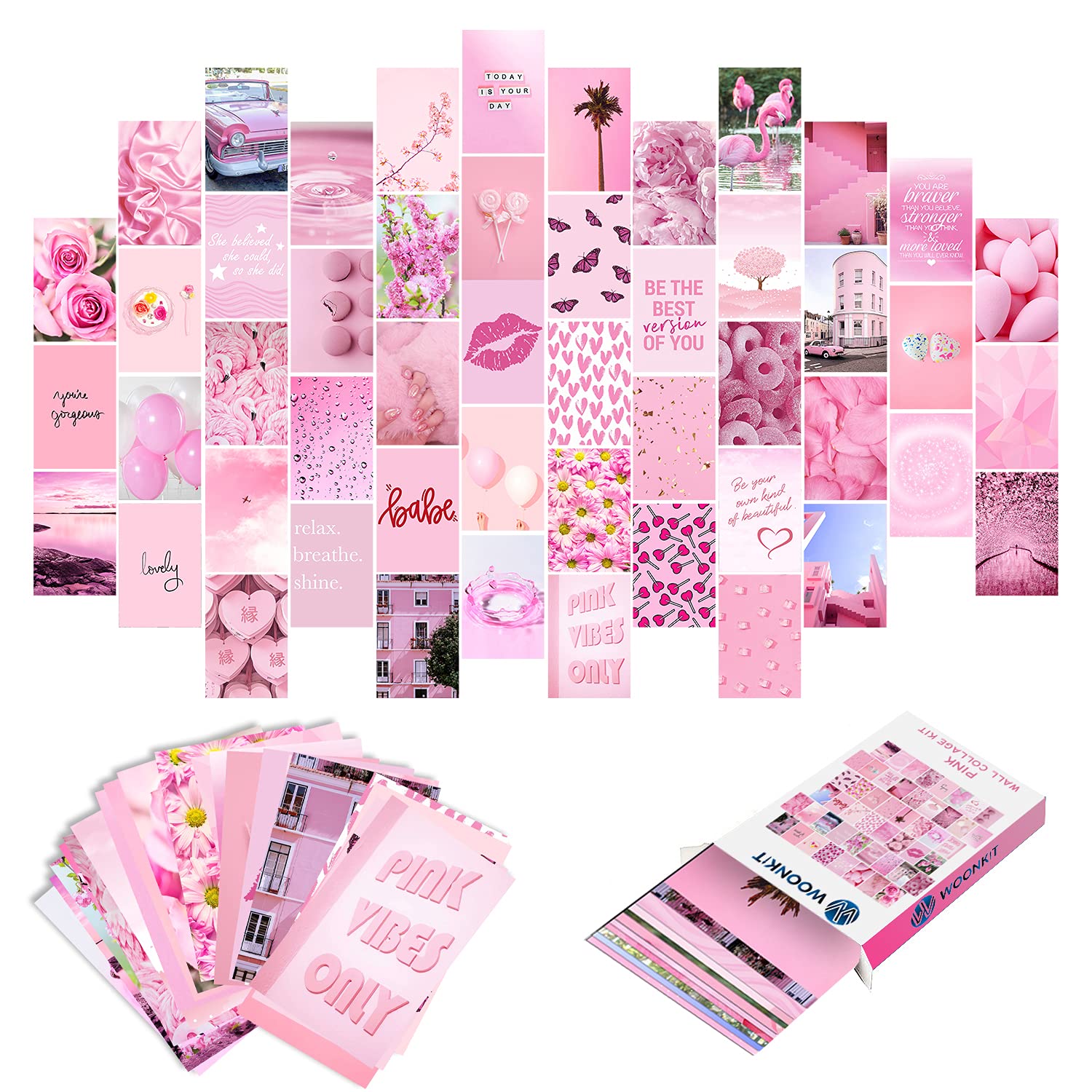 Woonkit Pink Aesthetic Pictures, Collage Kit For Wall, Pink Room Wall Bedroom Dorm Decor, Room Decor For Teen Girls, Trendy 50Pc
