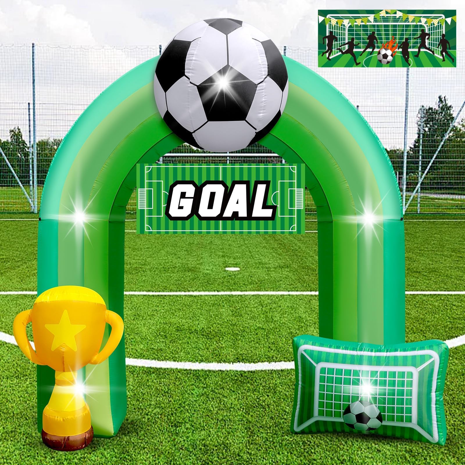 9 FT Giant Soccer Inflatable Arch for Soccer Birthday Party Decoration with Goal    Banner 1 Blower and 5 LED Light for Soccer F