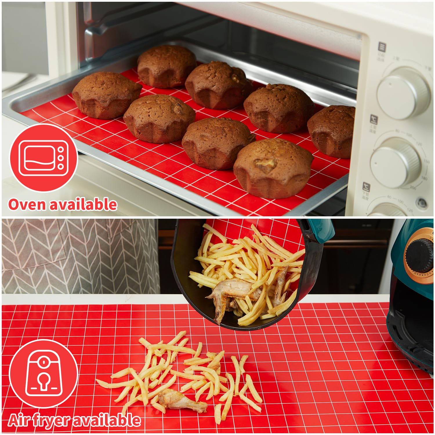 EuChoiz Silicone Baking Mat Roll, 16" x 5FT, Non-Slip, Non-Stick, Red, Model HH23, Perfect for Ovens and Air Fryers
