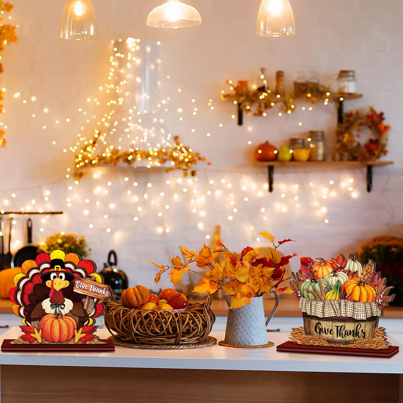 Cinnvoice 6 Pcs Thanksgiving Day Wooden Table Decorations Wood Tabletop Sign Centerpiece Rustic Decorations for Office Desk Farm