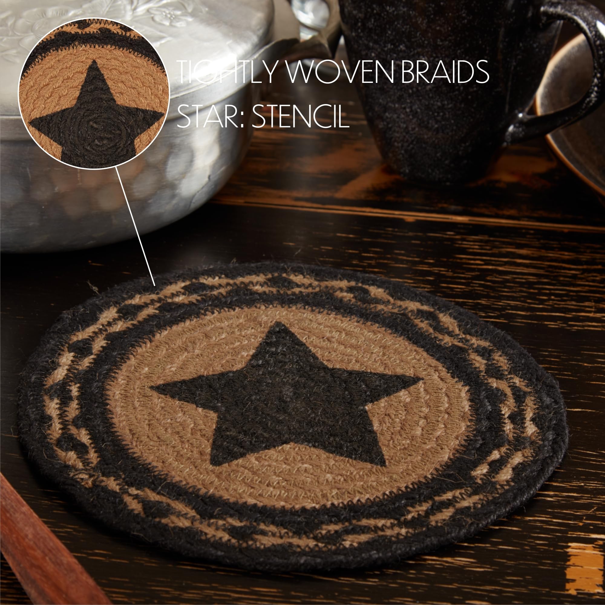 Vhc Brands Farmhouse Primitive Star Black Stenciled Textured Round Kitchen Table Jute Trivet 8