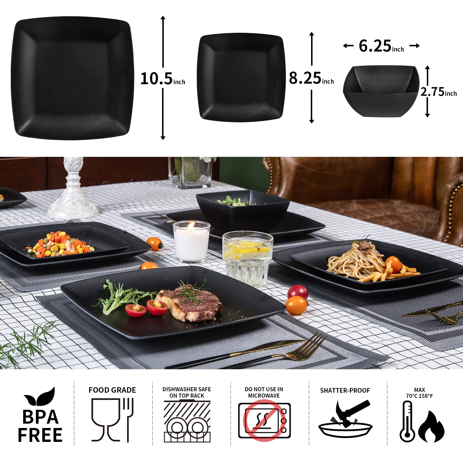 Melamine 12pcs Classic Square Dinnerware Set, Concise Plates and Bowls Set, Service for 4, Dishwasher Safe Black