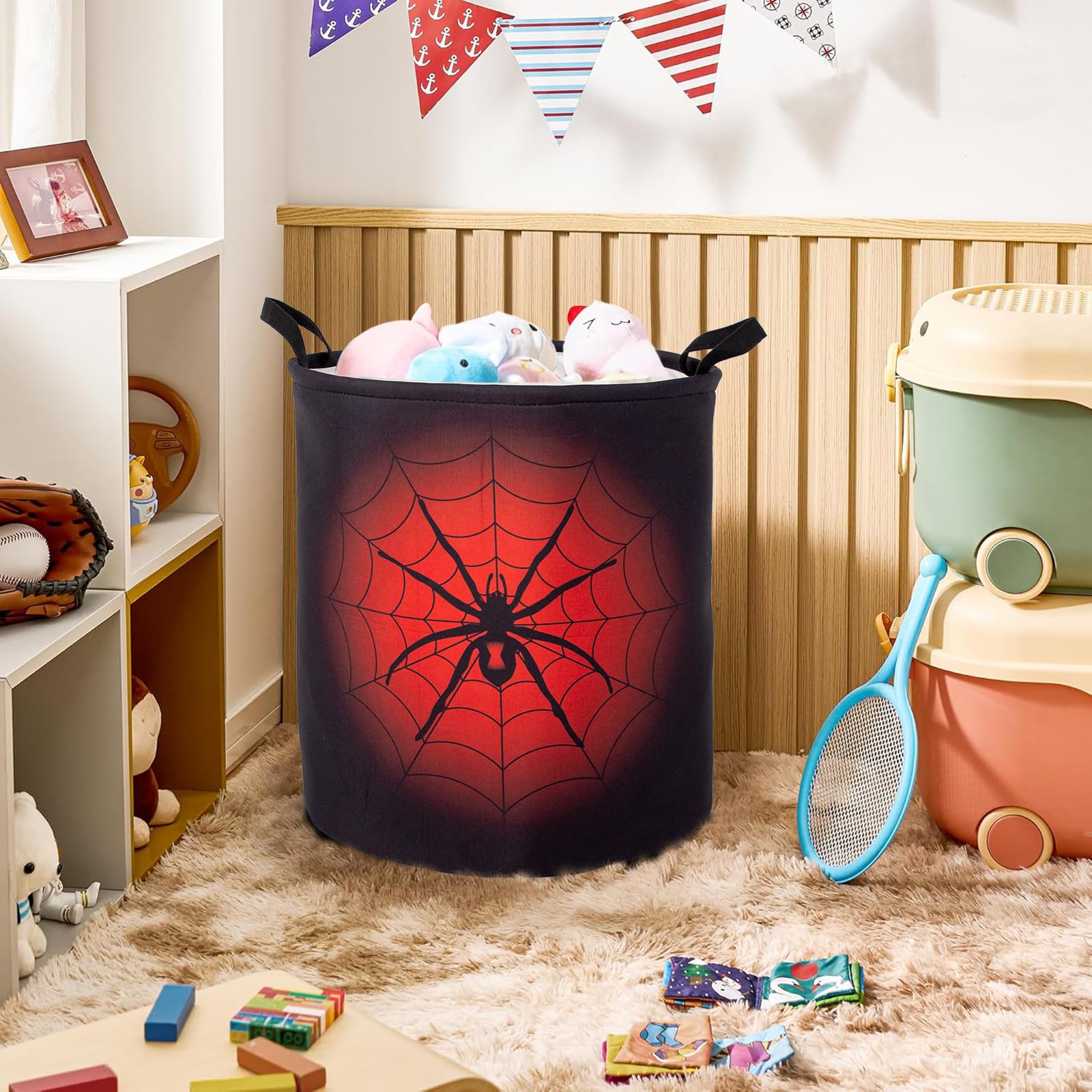Black Red Spider Laundry Basket Foldable With Handles Tote Bag Waterproof Oxford Cloth Funny Laundry Hamper Clothes Storage Buck