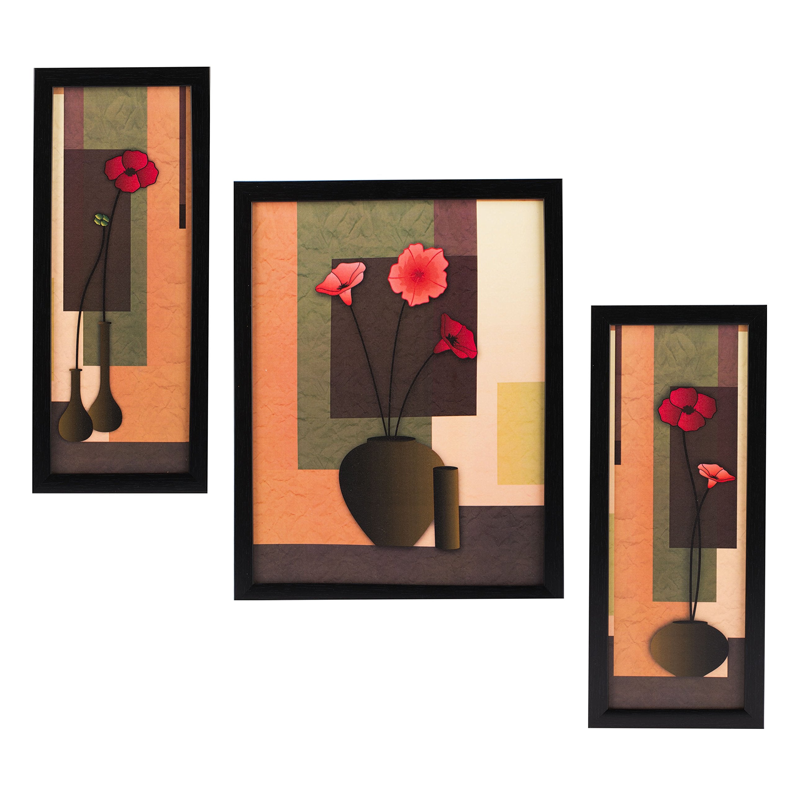 Indianara 3 Pc Set Of Floral Paintings Without Glass 5.2 X 12.5, 9.5 X 12.5, 5.2 X 12.5 Inch-Multicolour