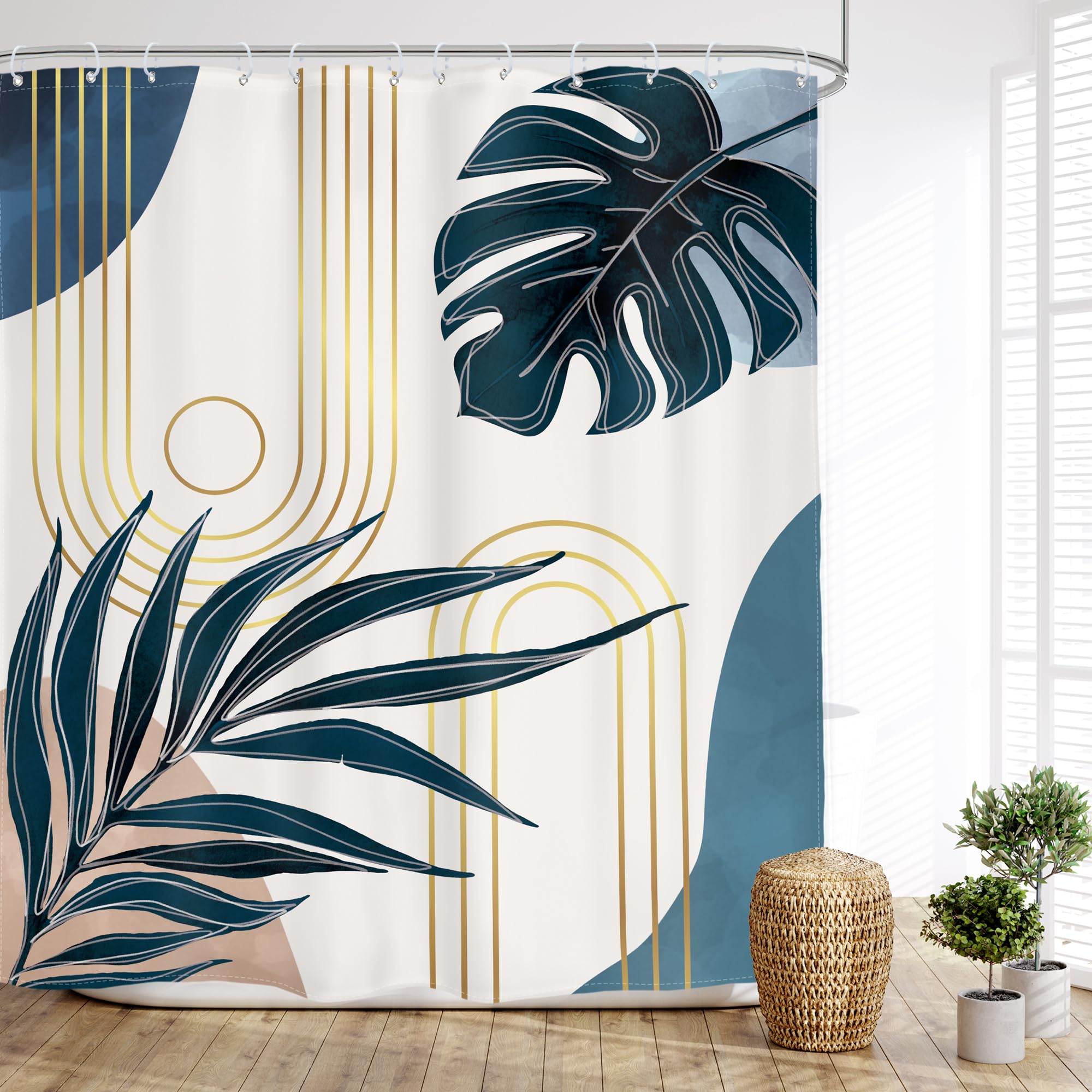 Glawry Boho Navy Blue Shower Curtain Mid Century Abstract Tropical Palm Leaf Modern Minimalist Plant Botanical Bathroom Geometri