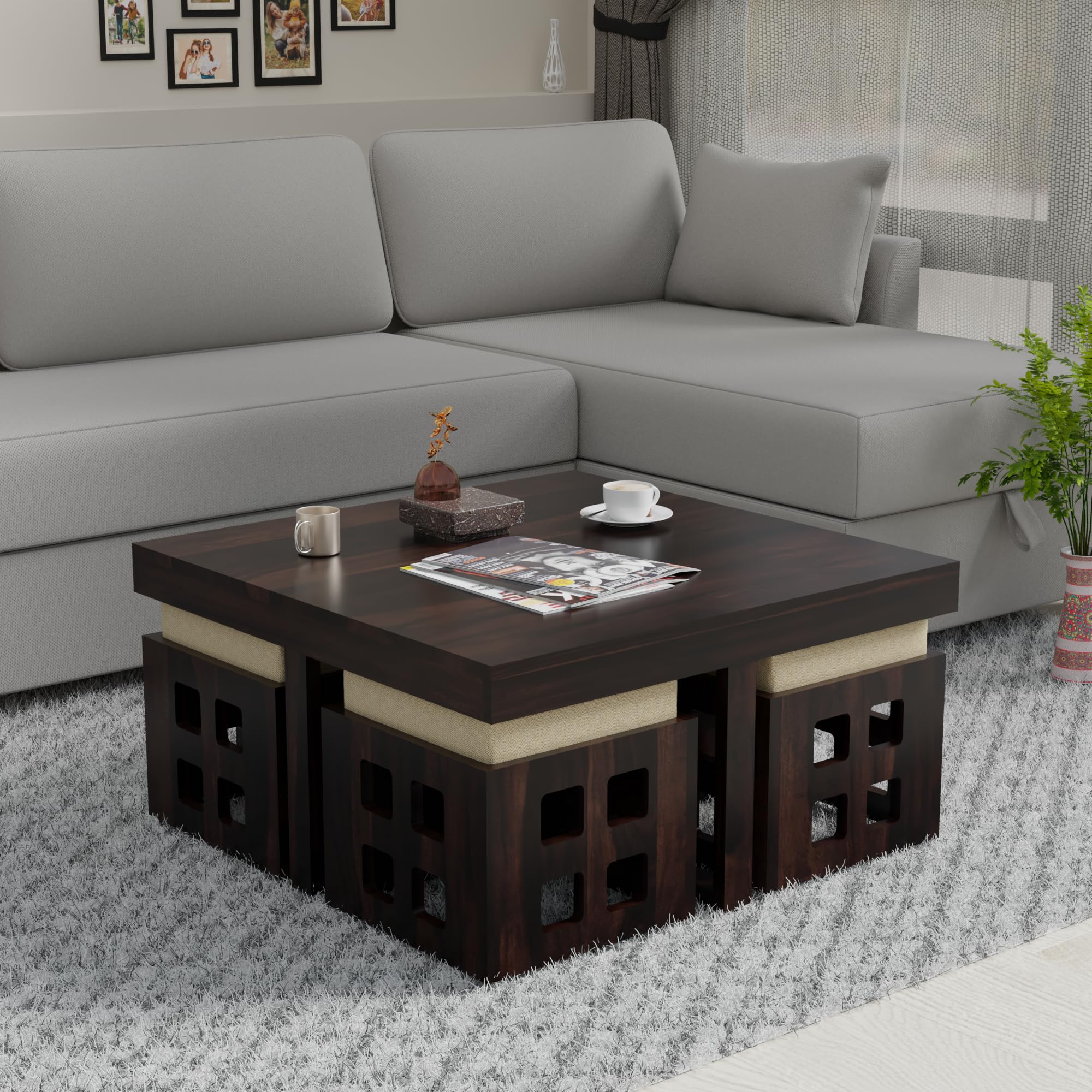 Enfurnish Solid Sheesham Wood Coffee Table With 4 Stool | Square Centre Table With Stool | Center Table With 4 Stools For Living