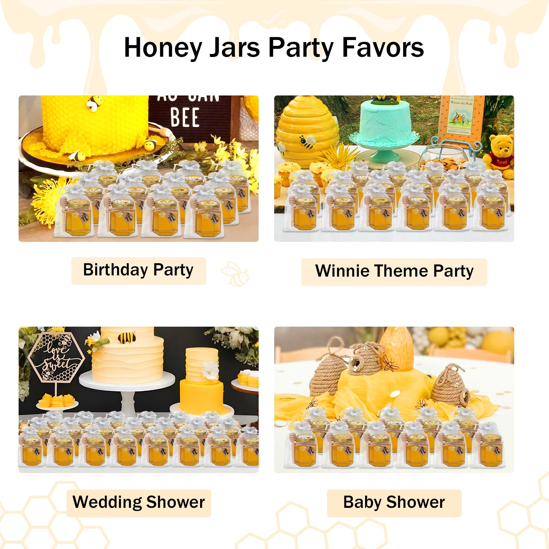 Aliggbent 70 Pack Small Honey Jars for Party Favors in Bulk, 3 oz Mini Hexagon Glass Honey Jars with Dippers, Lids, Cute Sticker