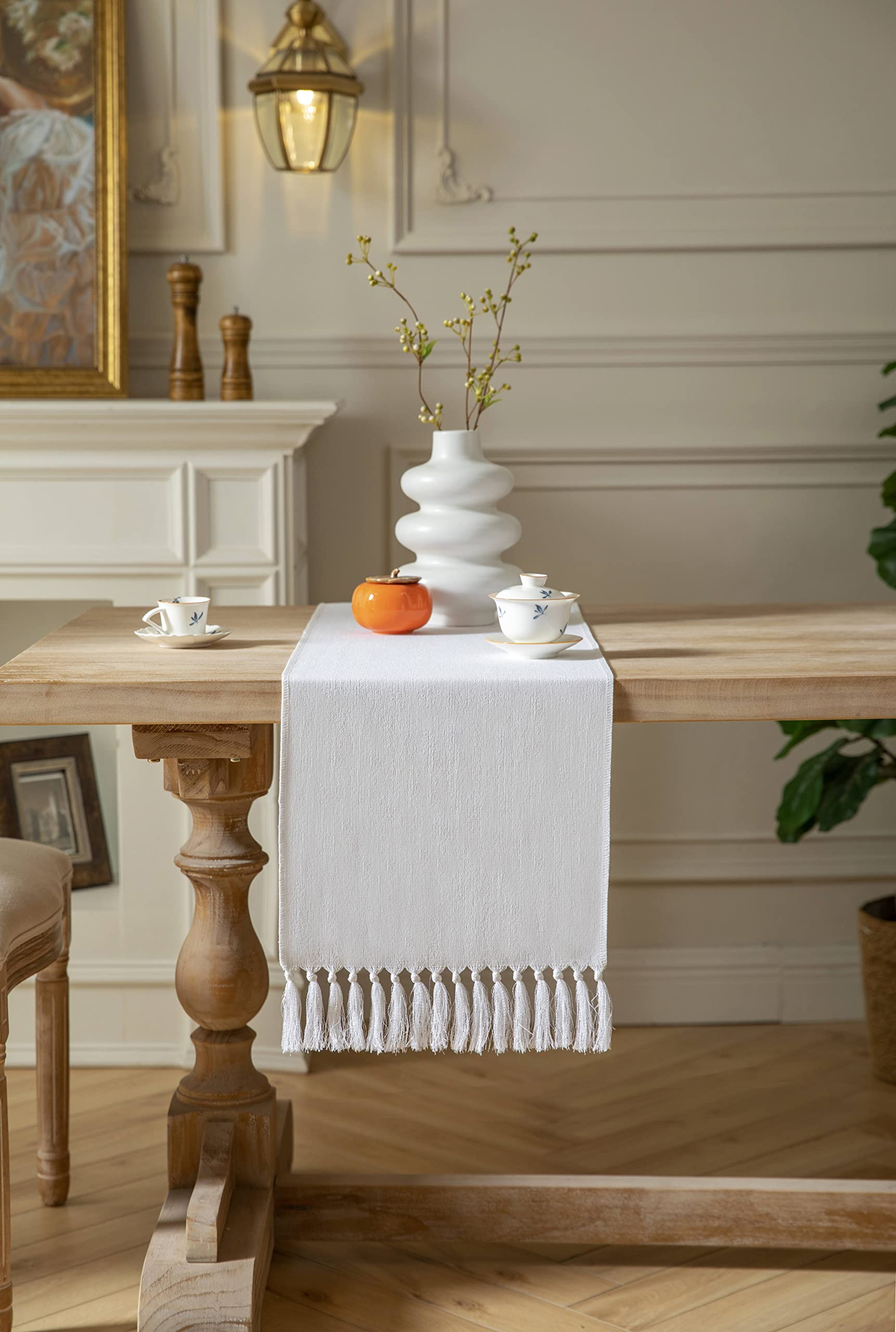 ZeeMart White Table Runners 108 Inches Long  Burlap Linen Style Rustic Farmhouse Table Runner  Long Boho Dining Table Runner  13x108 Inches  White