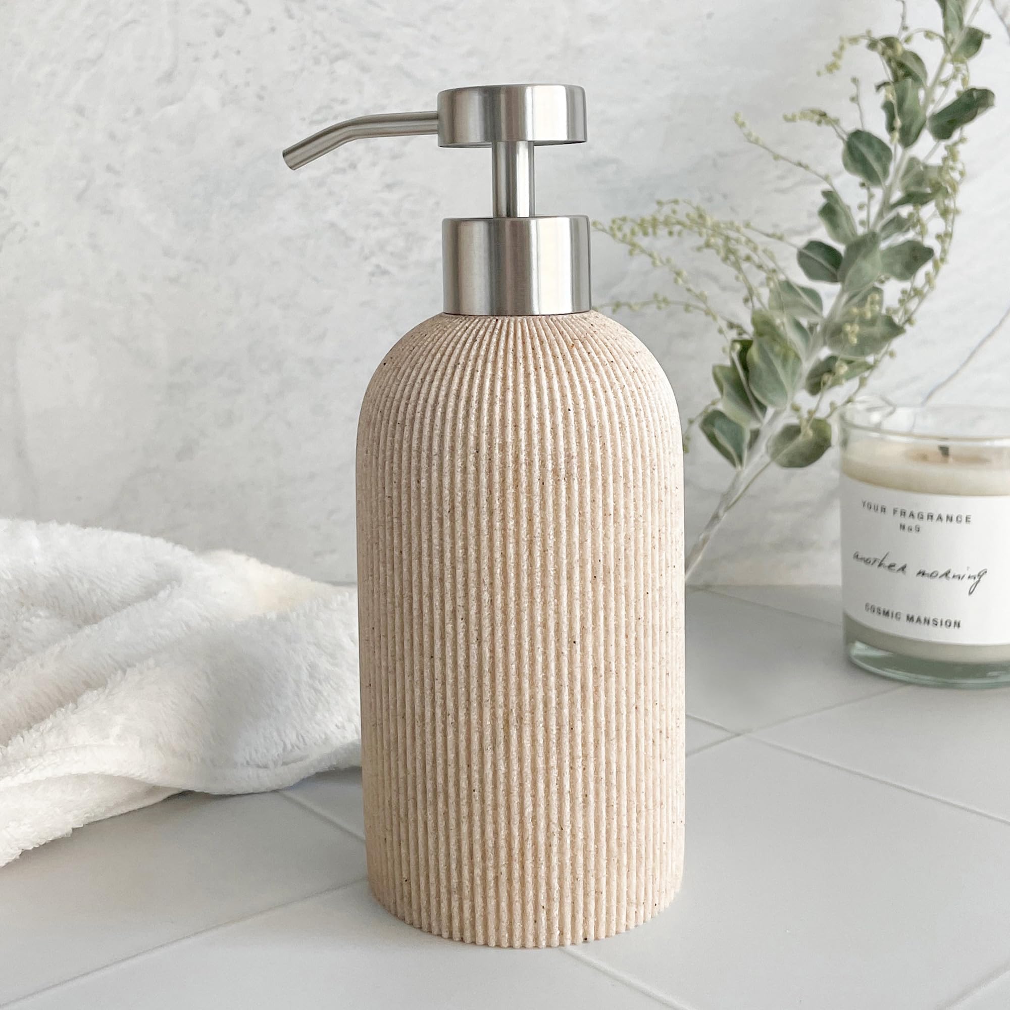 Lunestella Elegant Boho Beige Hand Soap Dispenser With Stainless Steel Pump, For Bathroom And Kitchen, Rust Proof, 7Oz