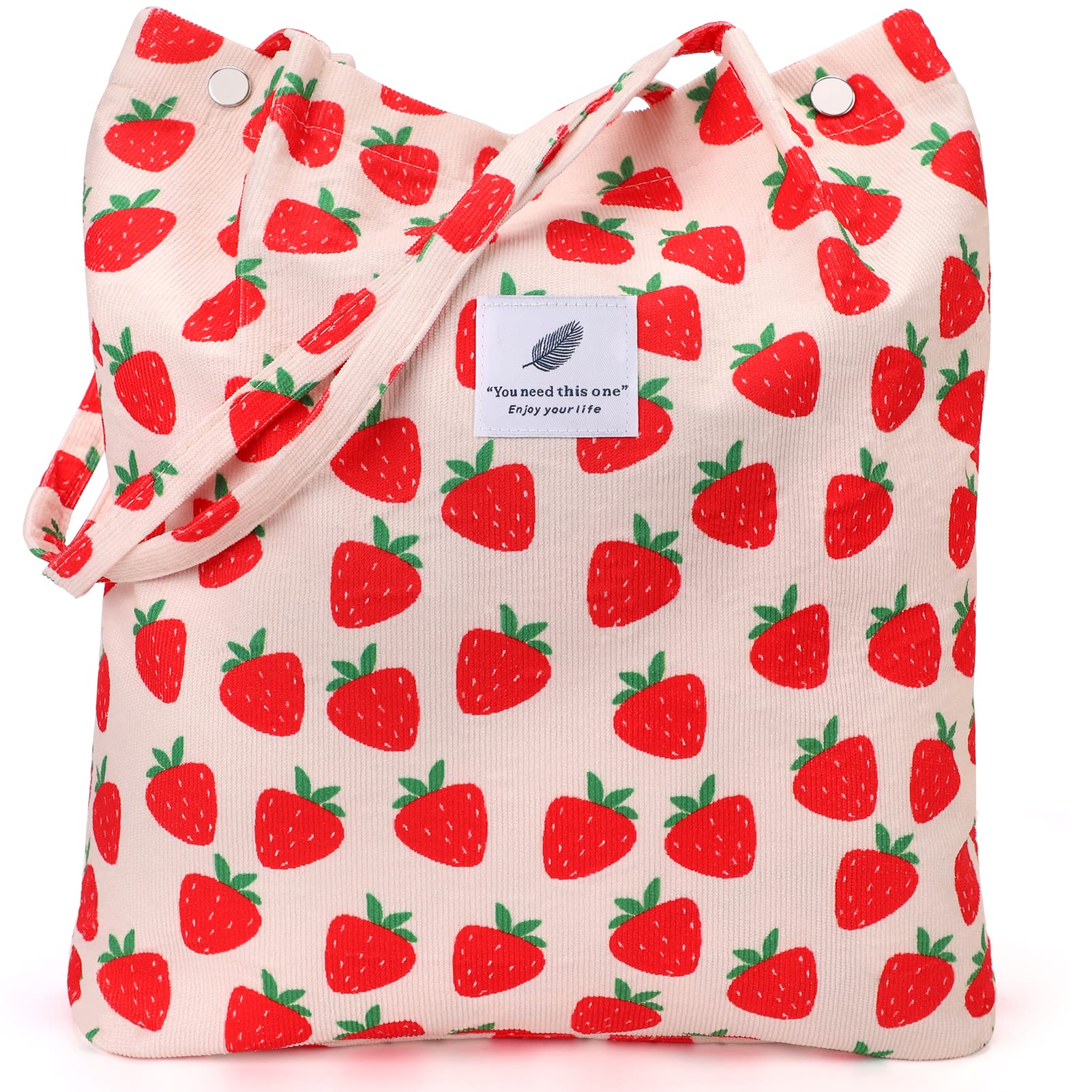 Lhmtqvk Corduroy Tote Bags For Women, Large Capacity Corduroy Bag Reusable Grocery Shoulder Bag With Inner Pockets(Strawberry)